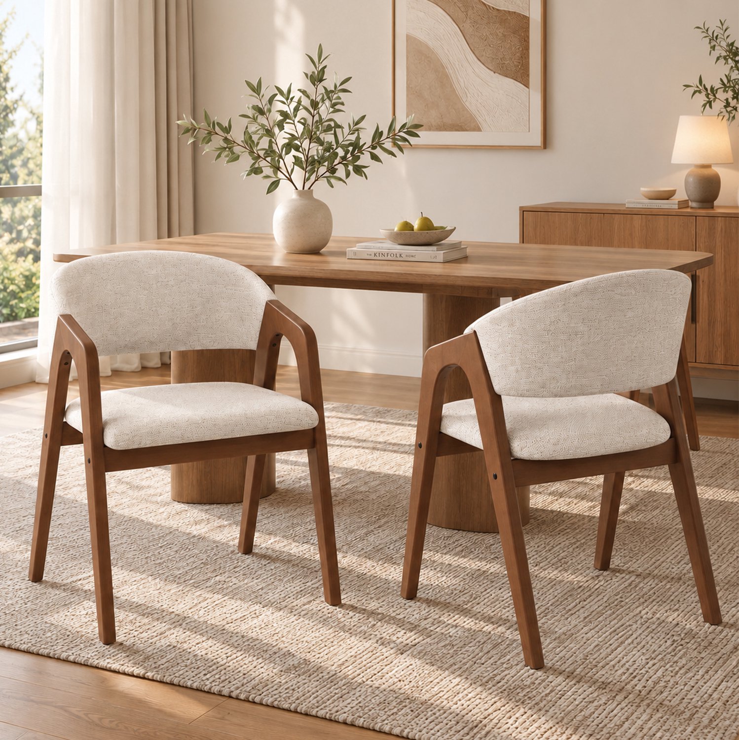 CHICFURN Eetkamerstoelen set van 2 - Met armleuningen - Hout - Walnootbruin en havermoutbeige