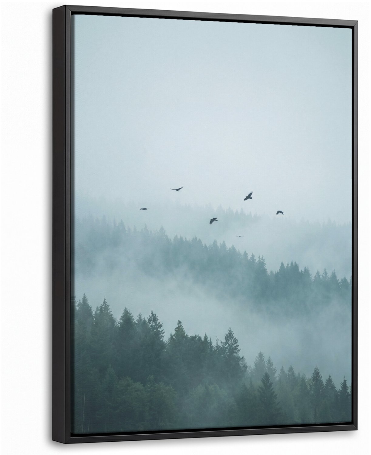 Canvas Schilderij met Baklijst - Bos - Mist - Vogels - Natuur - Groen