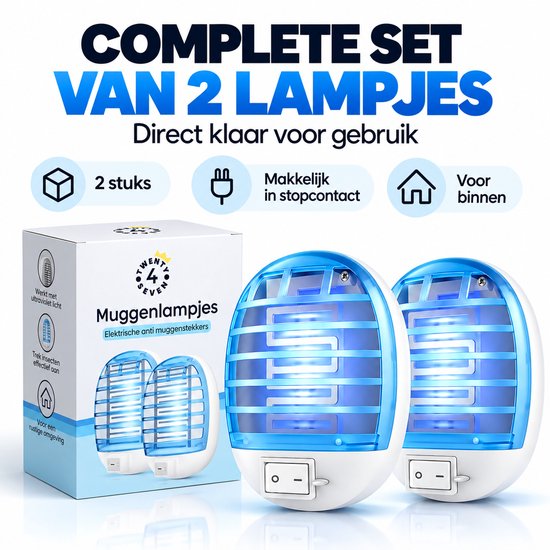 Set van twee blauwe muggenlampen met verpakking. Tekst: Complete set van 2 lampjes.