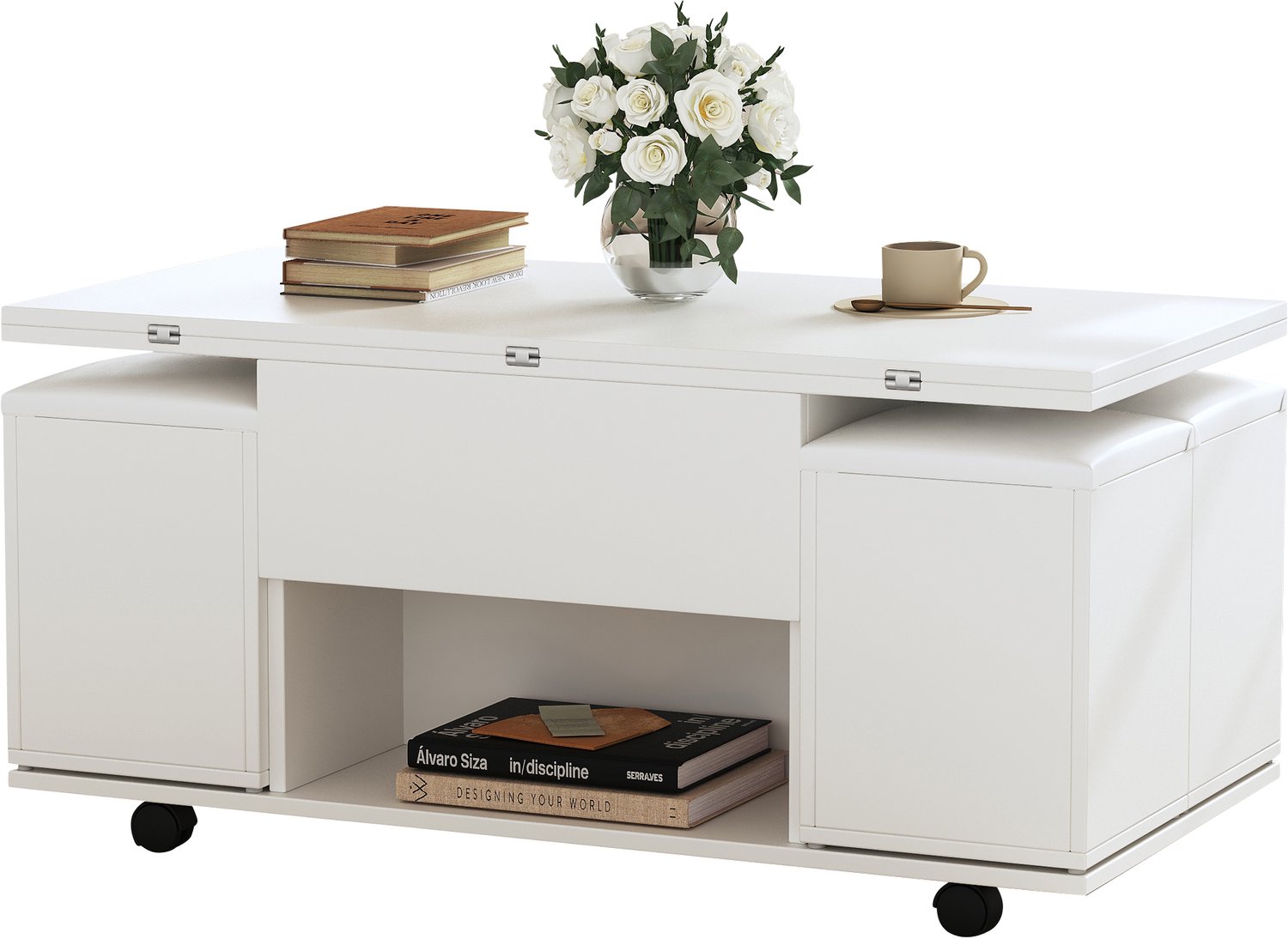 SONNENH Verstelbare salontafel met 4 opberghockers - Lift-top en uitklapbaar blad - Wit