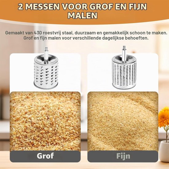 Handmatige Notenmolen met 2 Verwijderbare Snijbladen, Kaasrasp met Crank, Groentensnijder van RVS voor Noten, Maïs, Kaas en Groenten — afbeelding 2