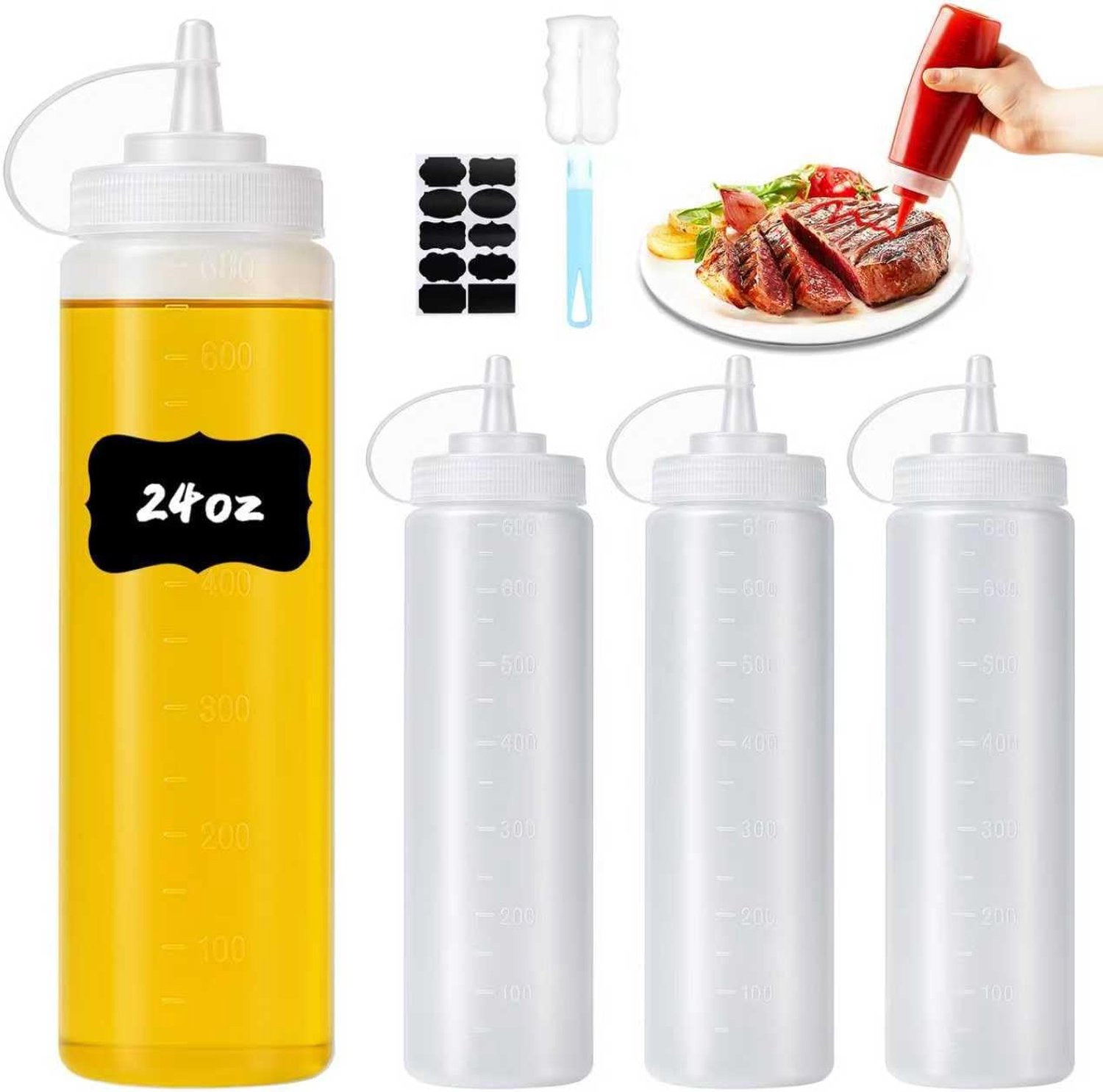 SnelShoppen - 4 Stuks Squeeze Flessen 680ml - Herbruikbare Sauce Dispenser met Deksel - Plastic Ketchup, Mosterd, Olie Fles - Inclusief Schoonmaakbors