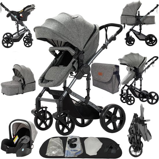 Grijze kinderwagen 3-in-1 set met autostoeltje, reiswieg, wandelwageninzet en accessoires.