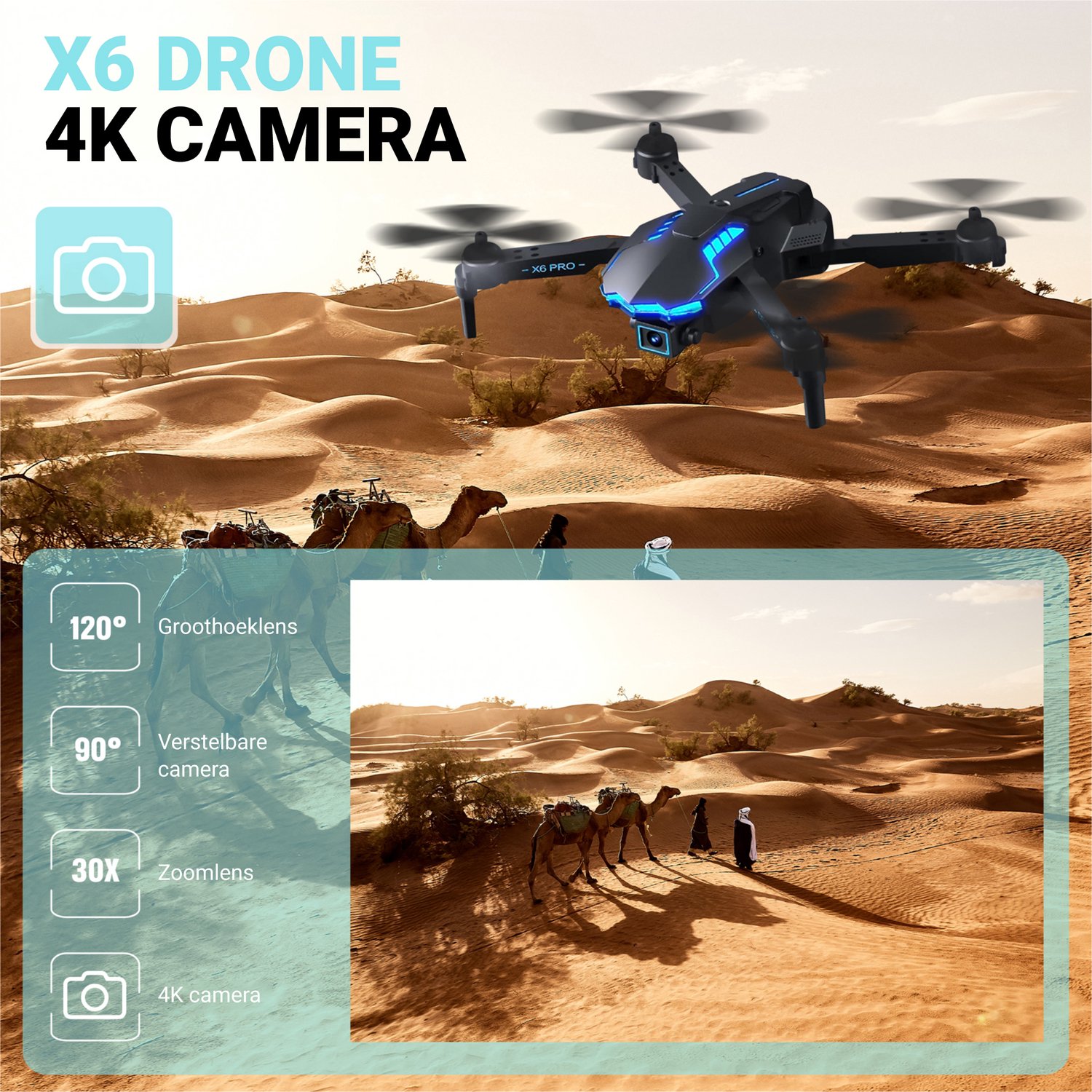 HAWX X6 Drone - Drone met 4K Camera - Mini drone - Voor Kinderen/Volwassenen - Drones - Tot 90 Minuten Vliegen - Incl. 3 Batterijen, Opbergtas, Landing Pad — afbeelding 2