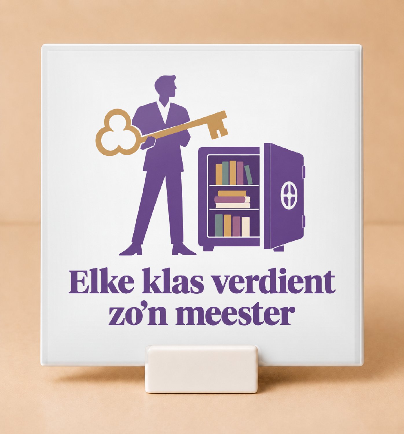 Bedruk King Vrolijke Klasbaas Tegel – Kleurrijke Wanddecoratie voor Leerkrachten en Onderwijsfans - 15 x 15 cm met houder Wit
