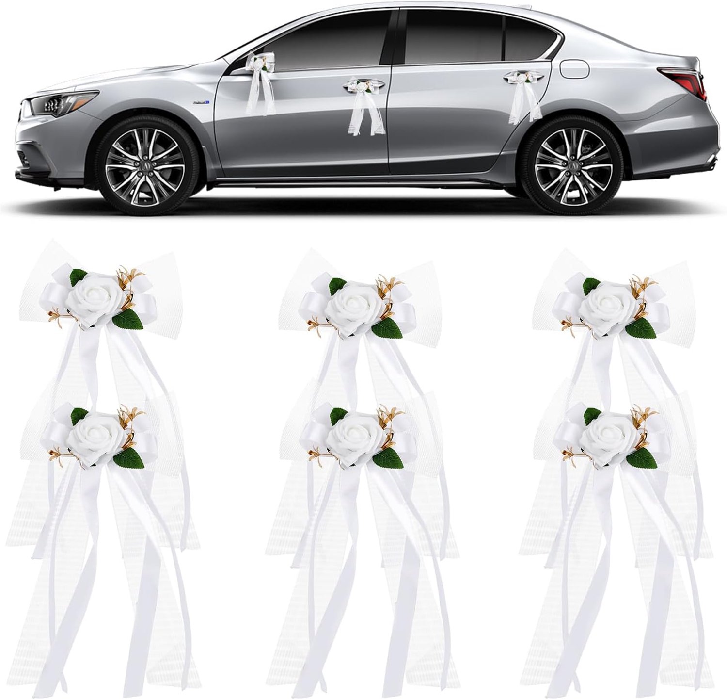 Set van 6 kunstbloemen voor trouwauto - met strik en tule - elegante decoratie voor achteruitkijkspiegels - ShopVlot