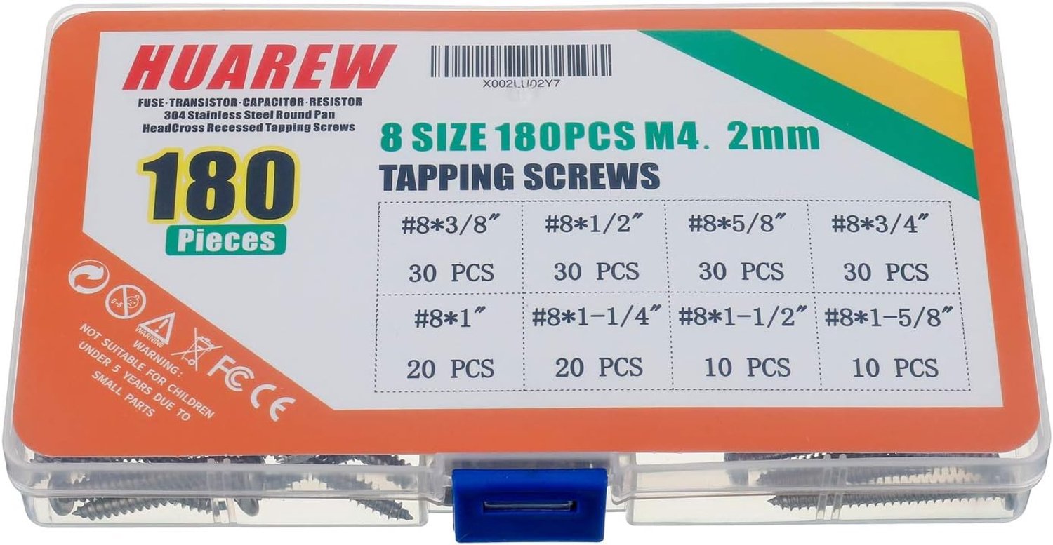 8 Sizes 180pcs #8x3/8"- #8x1-5/8" M4.2mm 304 Stainless Steel Round Head Cross Countersunk Self Tapping Screw Sorting - ShopVlot