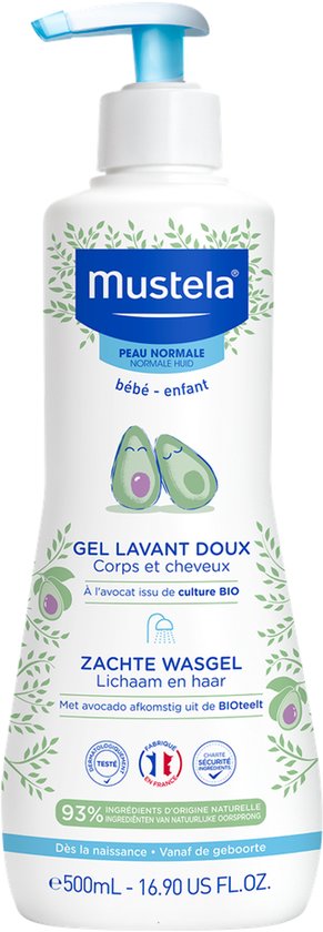 Mustela zachte wasgel voor lichaam en haar, 500ml fles met pompje, met biologische avocado voor normale huid.