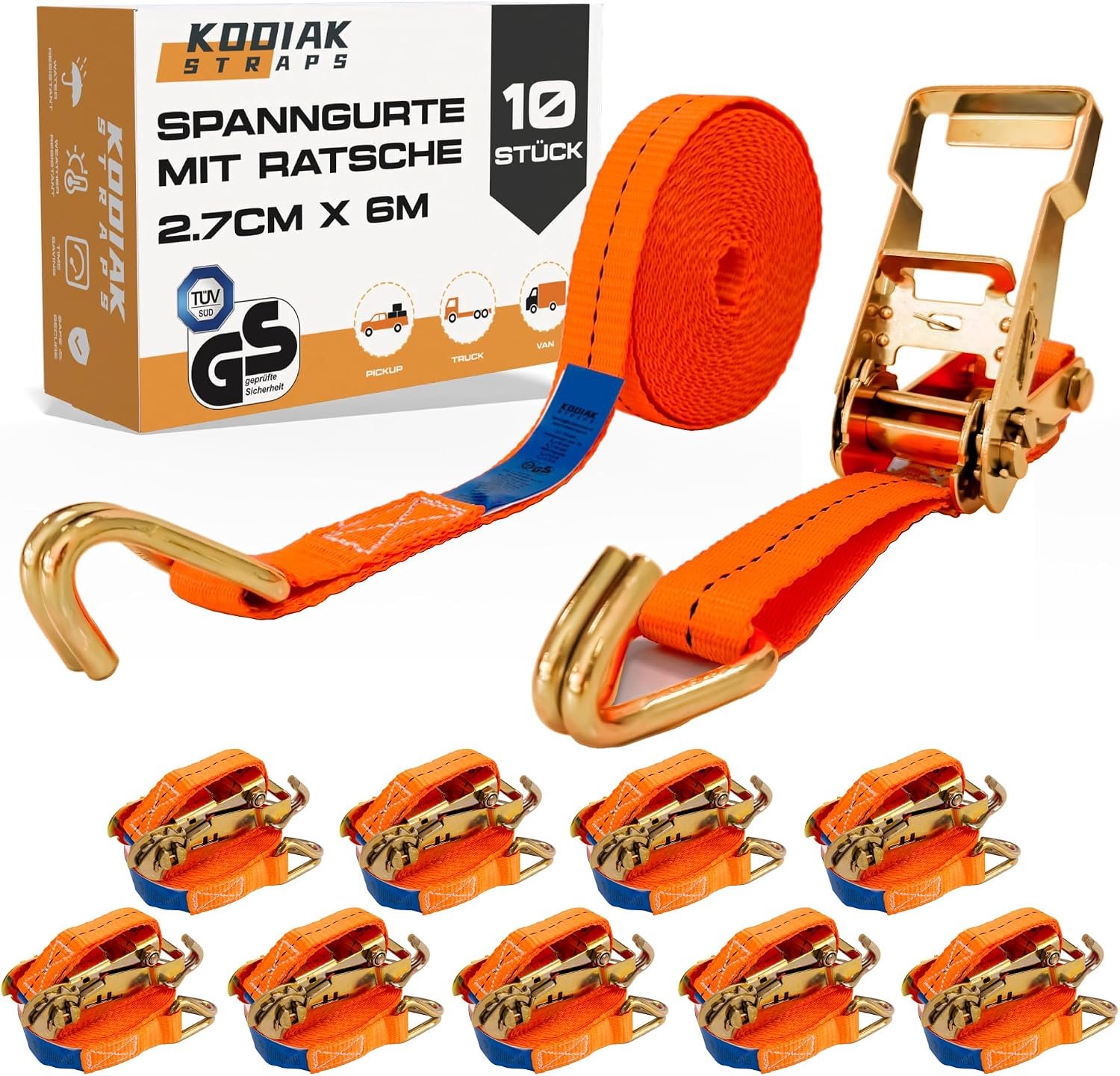 10 Pieces Ratchet Straps 6 m x 1500 kg with Ratchet and Hooks - 27 mm Lashing Straps with Ratchet - ShopVlot