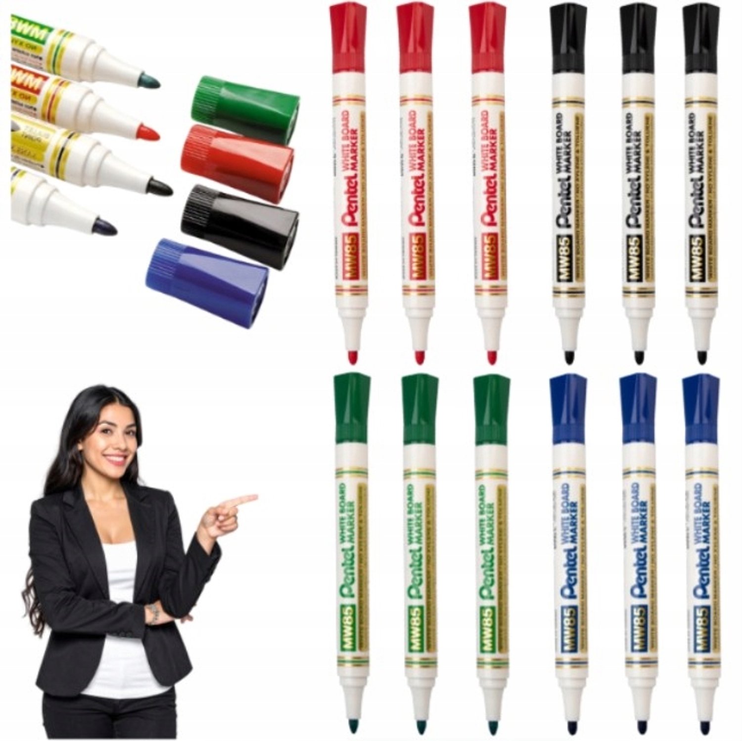 Pentel MW85 Whiteboard Markers, 12 Stuks, Mix Kleuren, Sneldrogend