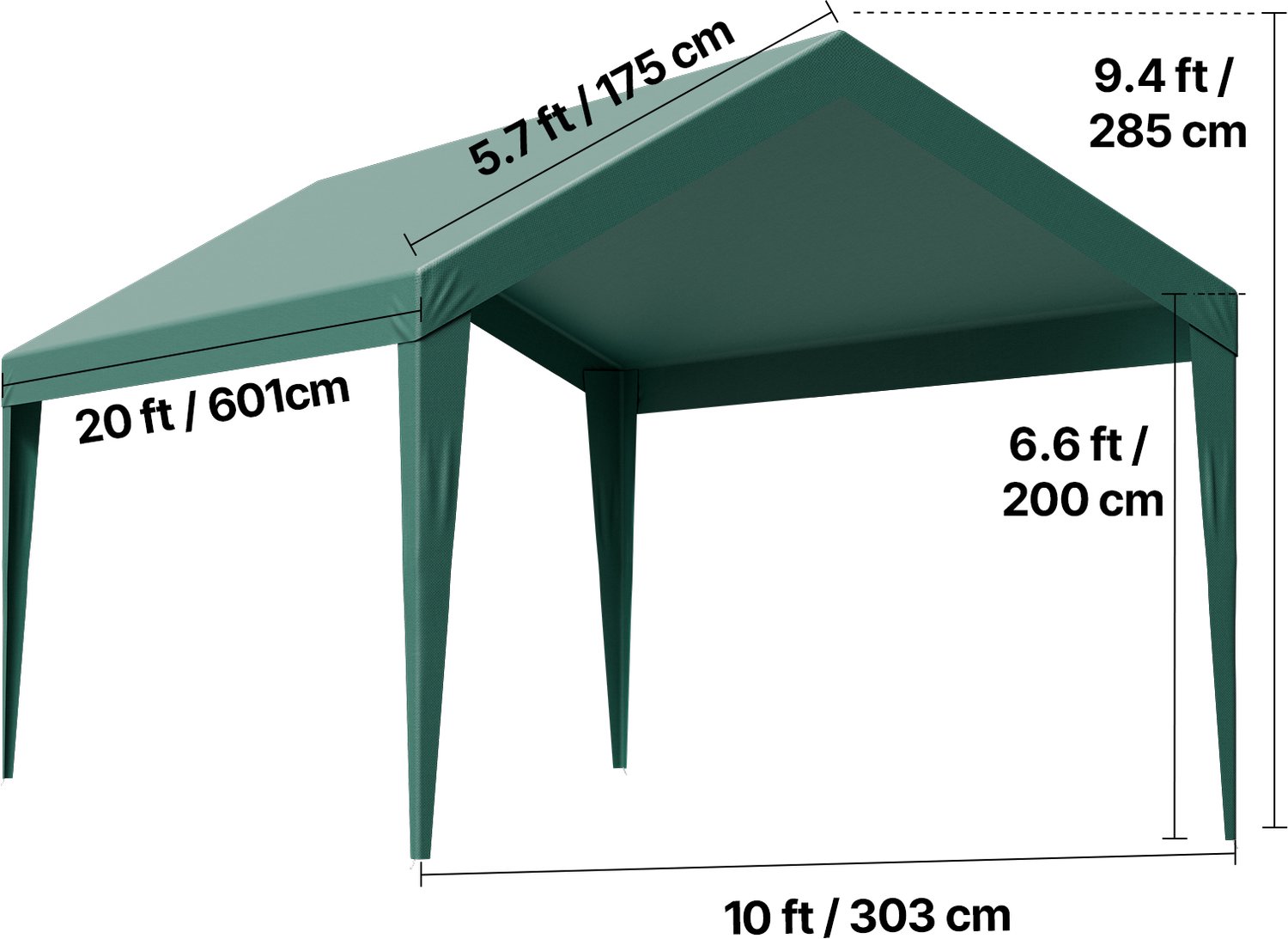 Carport Vervangingskap 10x20ft - UV-bestendig Zeil - PE Woven Fabric - Met Zijwanden - Kogelbungees - Draagbare Garagetent