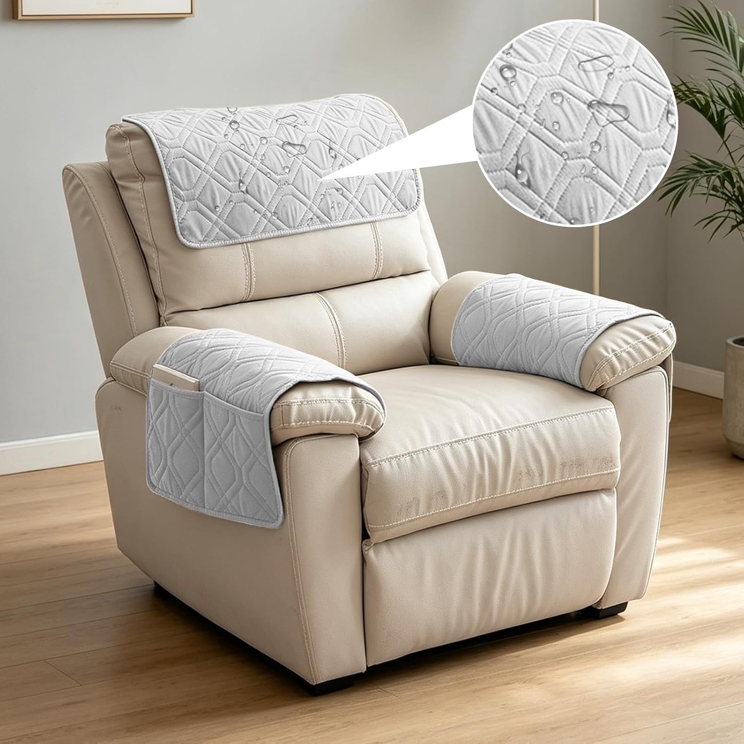 Stoelhoes met Zakjes voor Relaxfauteuil met Armleuningen, Waterdicht en Antislip, Verwijderbare en Wasbare Bescherming voor Fauteuil en Bank (Lichtgrijs)