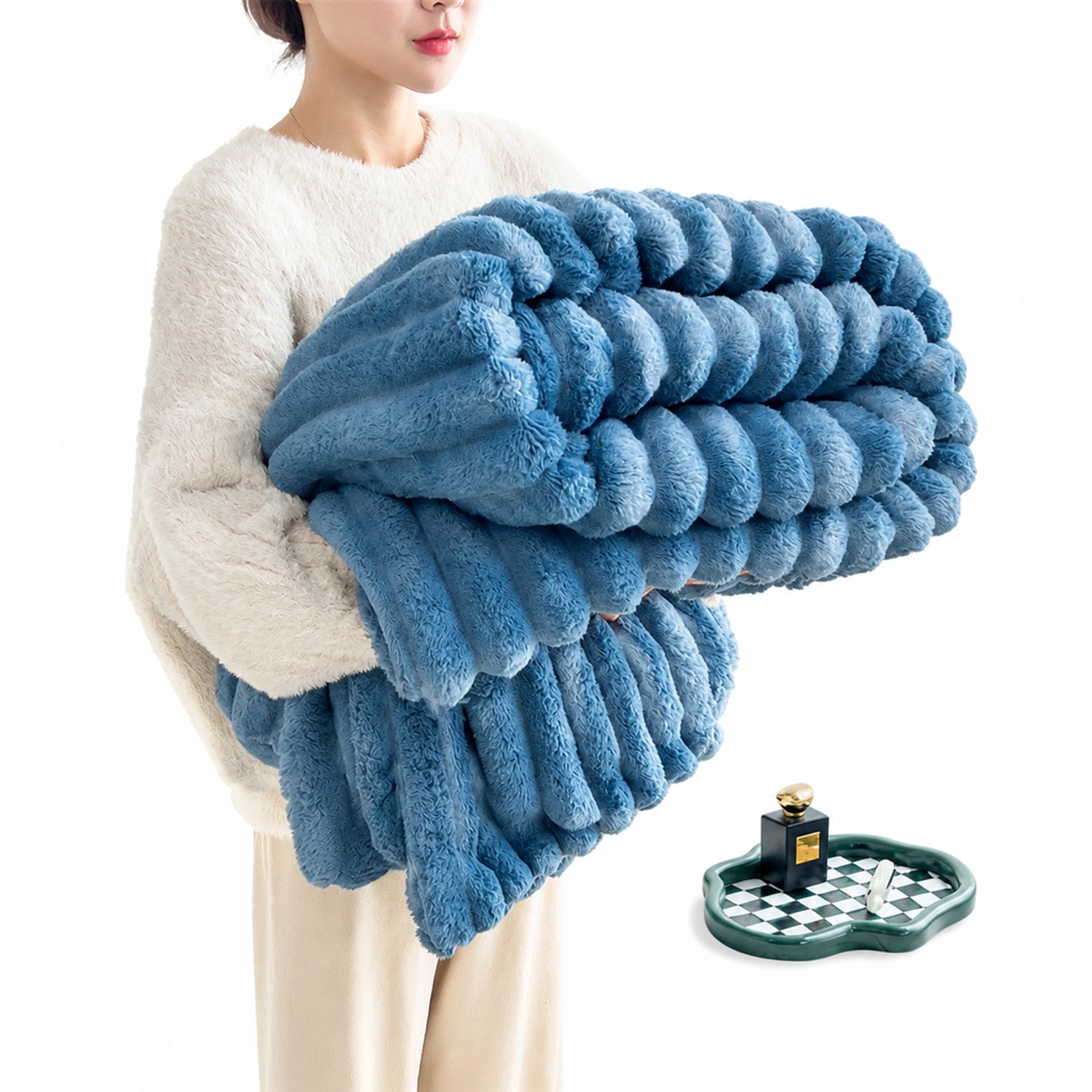 SWGOTA Blauwe gestreepte pluche plaid 70 x 100 cm, machinewasbaar dekentje voor bank, kantoor en auto