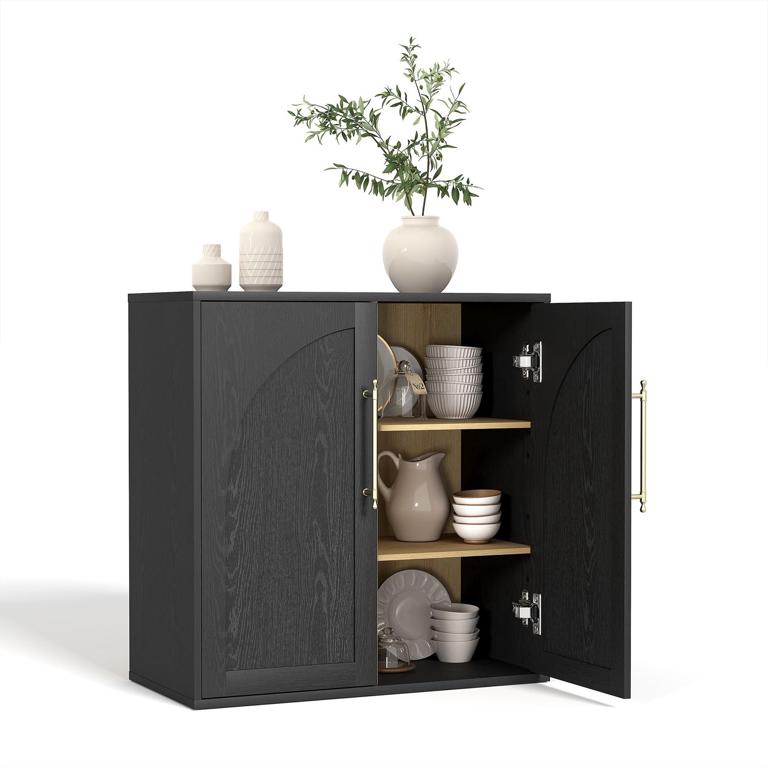 Triumpunpre Opbergkast / Buffetkast met Vintage Design & 2 Boogvormige Deuren - Met Goudkleurige Handgrepen, Verstelbare Planken & Anti-Kantelbeveiliging - 80 x 42 x 82 cm - Zwart - Voor Eetkamer & Woonkamer