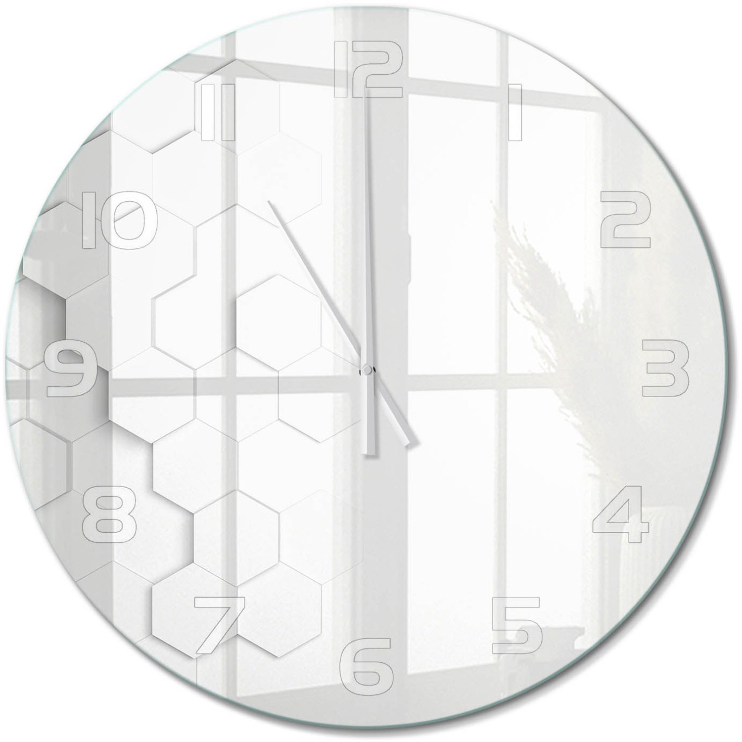 TULUP Wandklok - Zeshoekige achtergrond Moderne Wandklok Glas - fi60 cm - Wit Wandklok Glas Decoratie - Witte handen - Ronde Klok - Glazen Wandklok Design - Klok Glas Met Opdruk
