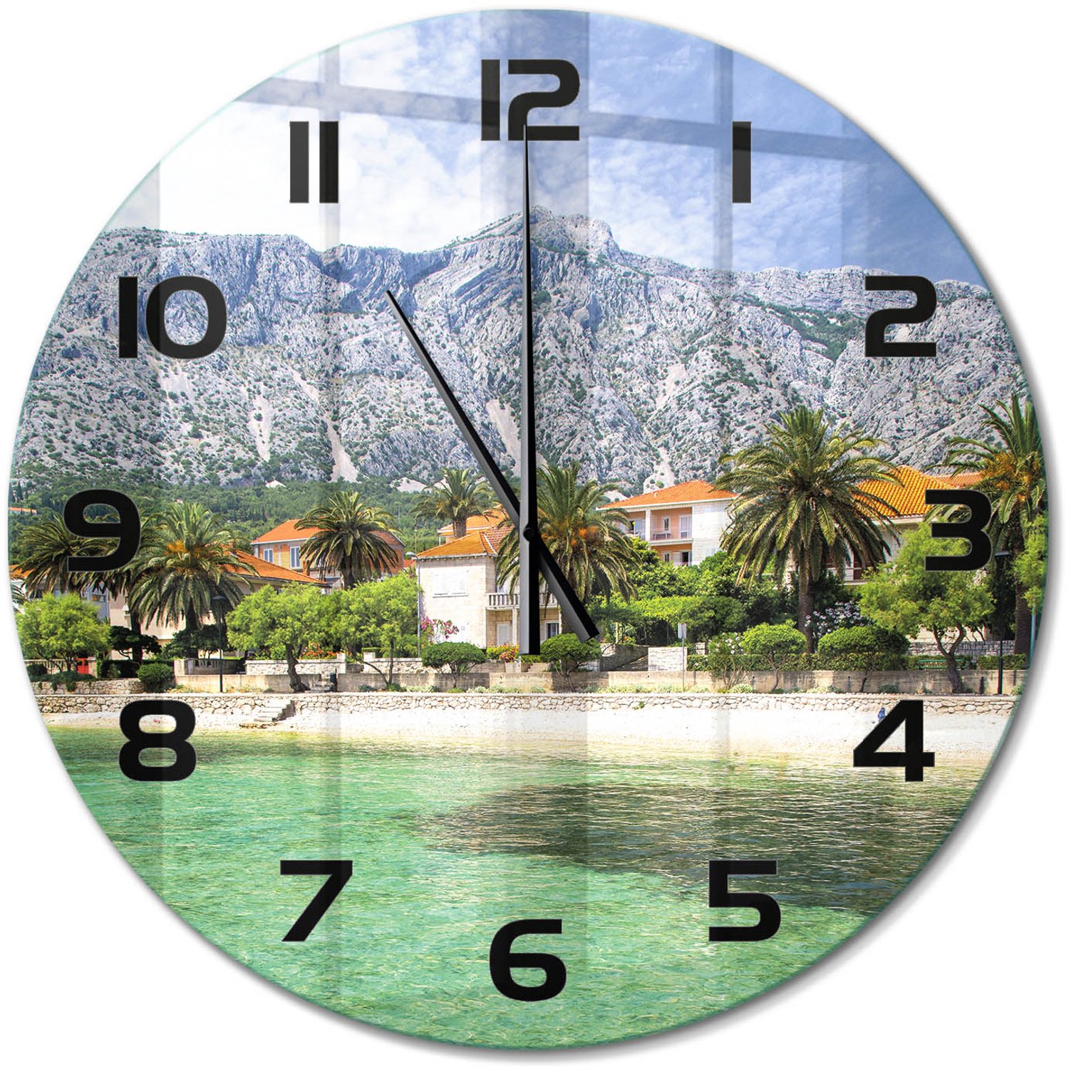 TULUP Wandklok - Strand in Kroatië Wandklok Glas Decoratie - fi60 cm - Groente Gekleurde Glazen Klok - Zwarte handen - Ronde Klok - Klok Glas Met Opdruk - Moderne Wandklok Glas
