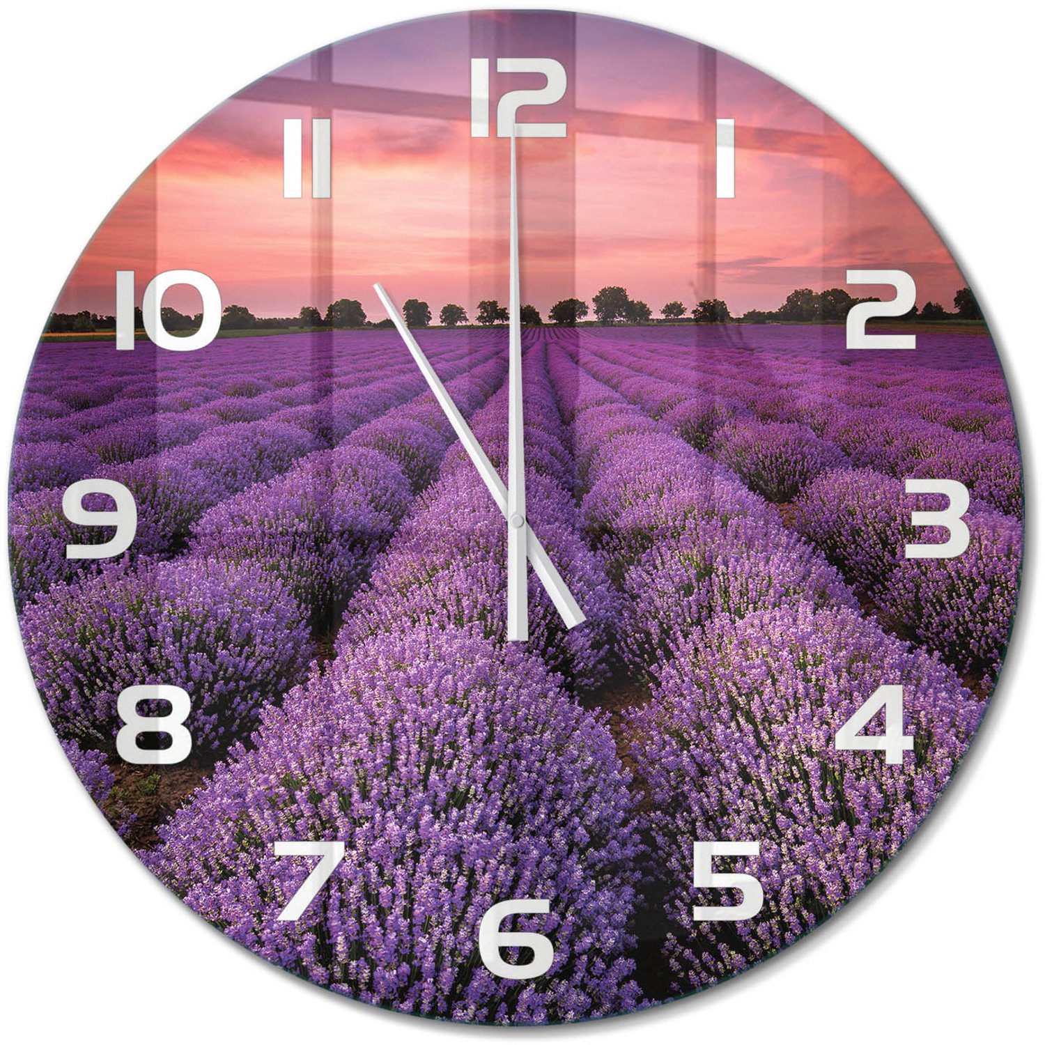 TULUP Wandklok - Lavendelveld Wandklok Glas Met Motief - fi60 cm - Paars Decoratieve Glazen Klok - Witte handen - Ronde Klok - Gekleurde Glazen Klok - Glazen Klok Met Print