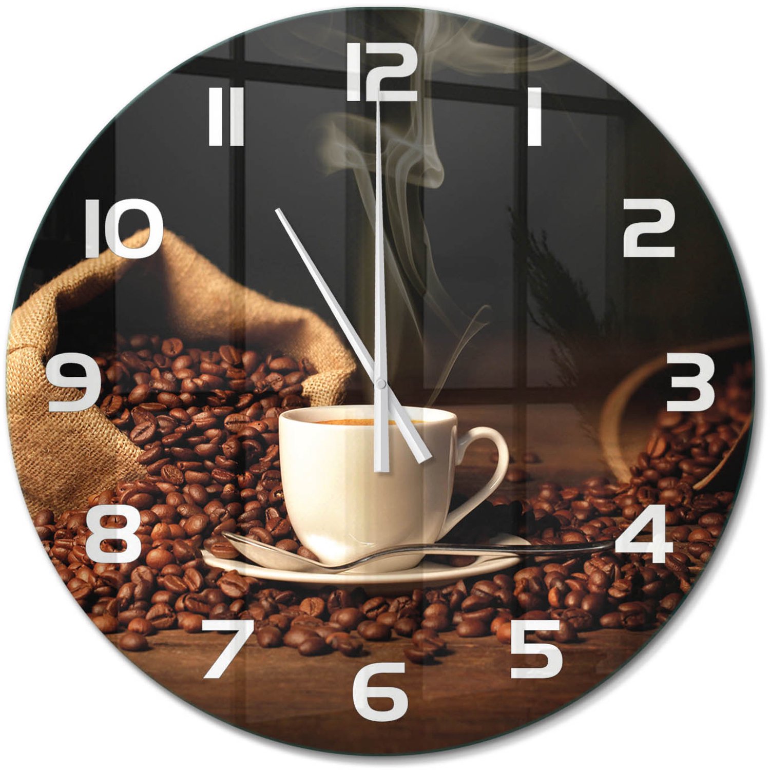 TULUP Wandklok - Koffie in een kopje Moderne Wandklok Glas - fi60 cm - Bruin Wandklok Glas Decoratie - Witte handen - Ronde Klok - Glazen Wandklok Design - Klok Glas Met Opdruk