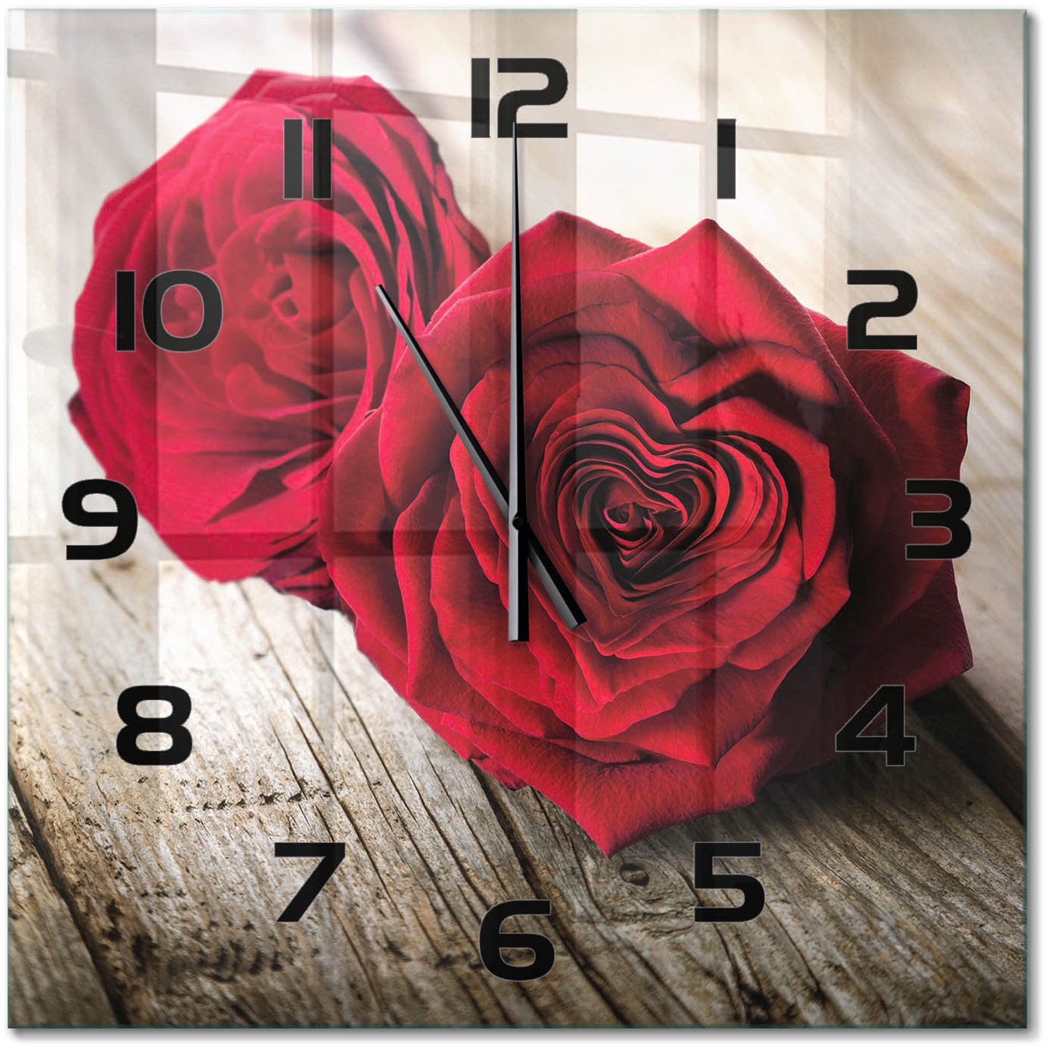 TULUP Wandklok - Rozen op hout Klok Glas Met Opdruk - 60x60 cm - Rood Moderne Wandklok Glas - Zwarte handen - Vierkante Klok - Decoratieve Glazen Klok - Glazen Wandklok Design