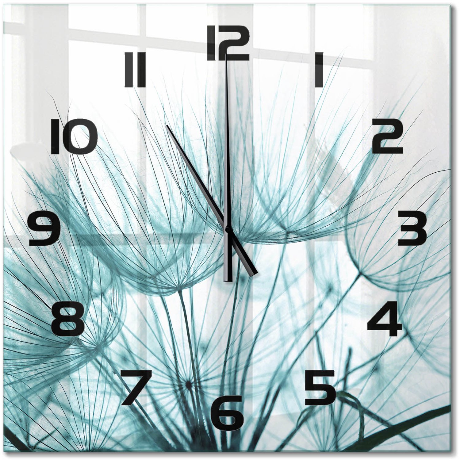 TULUP Wandklok - Paardenbloemzaden Glazen Klok Met Print - 60x60 cm - Wit Wandklok Glas Met Motief - Zwarte handen - Vierkante Klok - Wandklok Glas Decoratie - Gekleurde Glazen Klok