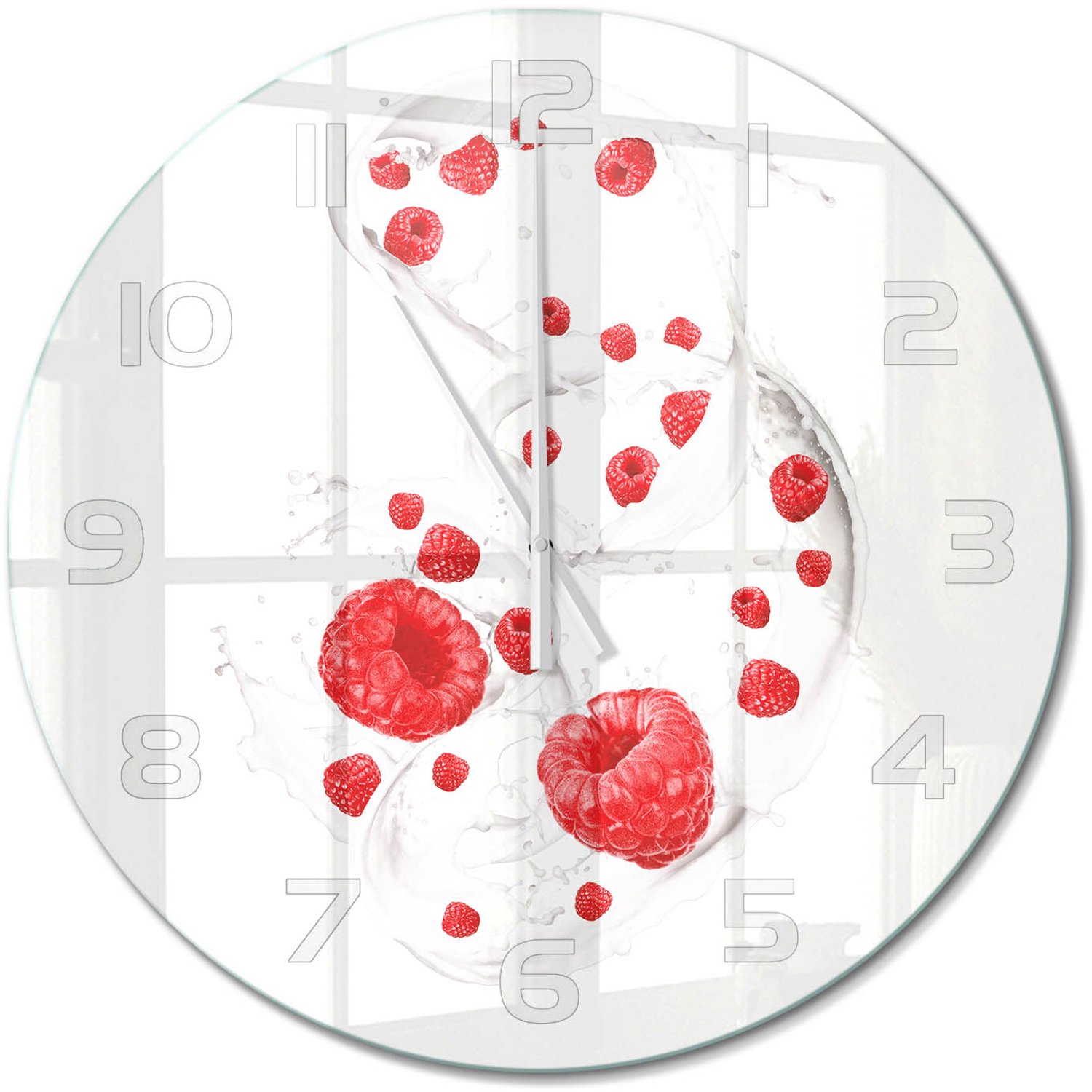 TULUP Wandklok - Frambozen met melk Wandklok Glas Decoratie - fi60 cm - Rood Gekleurde Glazen Klok - Witte handen - Ronde Klok - Klok Glas Met Opdruk - Moderne Wandklok Glas