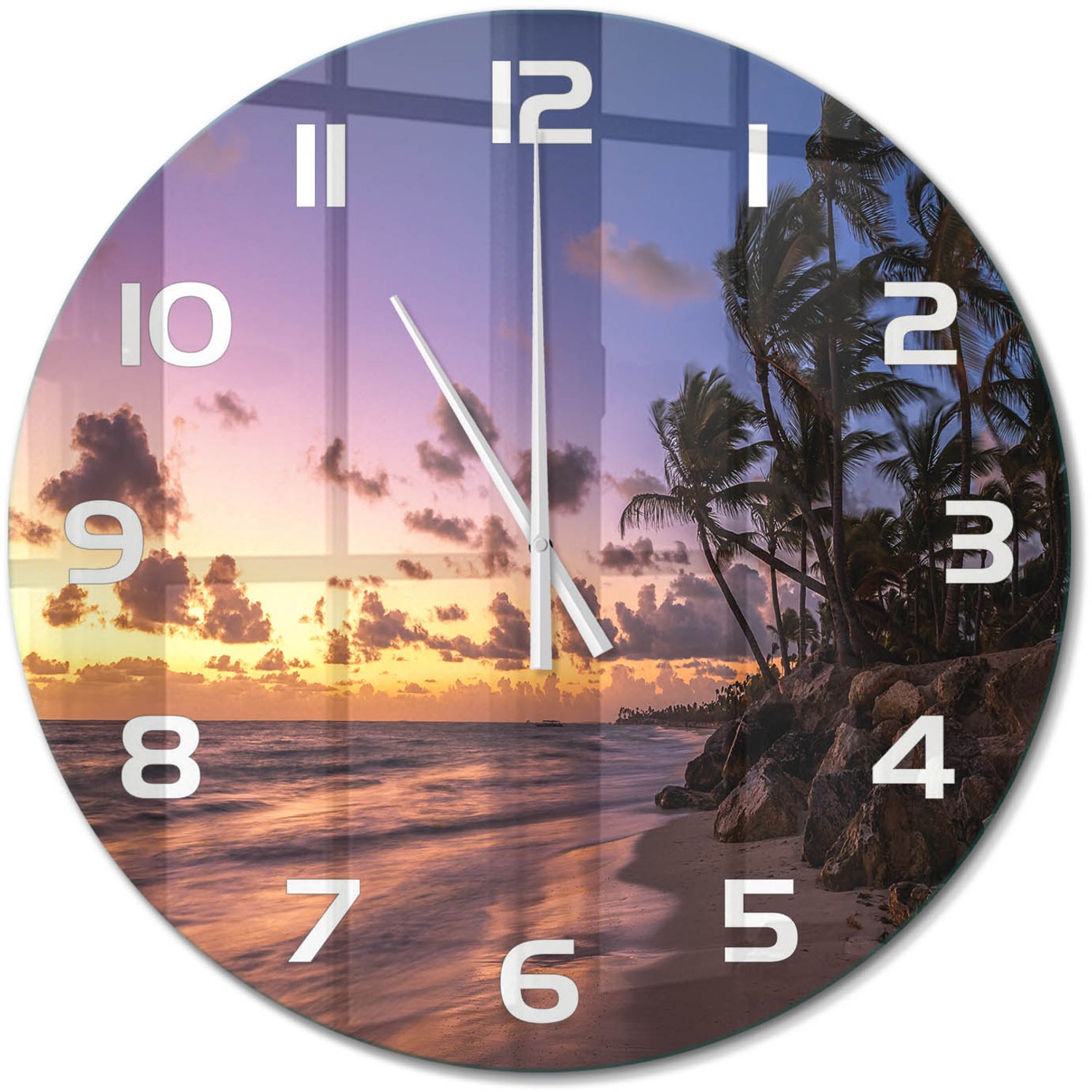 TULUP Wandklok - Weststrand Decoratieve Glazen Klok - fi60 cm - Geel Glazen Wandklok Design - Witte handen - Ronde Klok - Glazen Klok Met Print - Wandklok Glas Met Motief