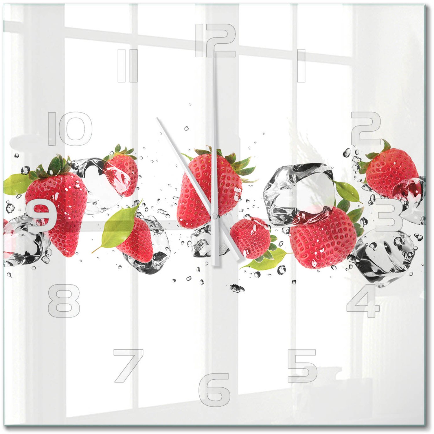 TULUP Wandklok - Aardbeien en water Moderne Wandklok Glas - 60x60 cm - Rood Wandklok Glas Decoratie - Witte handen - Vierkante Klok - Glazen Wandklok Design - Klok Glas Met Opdruk