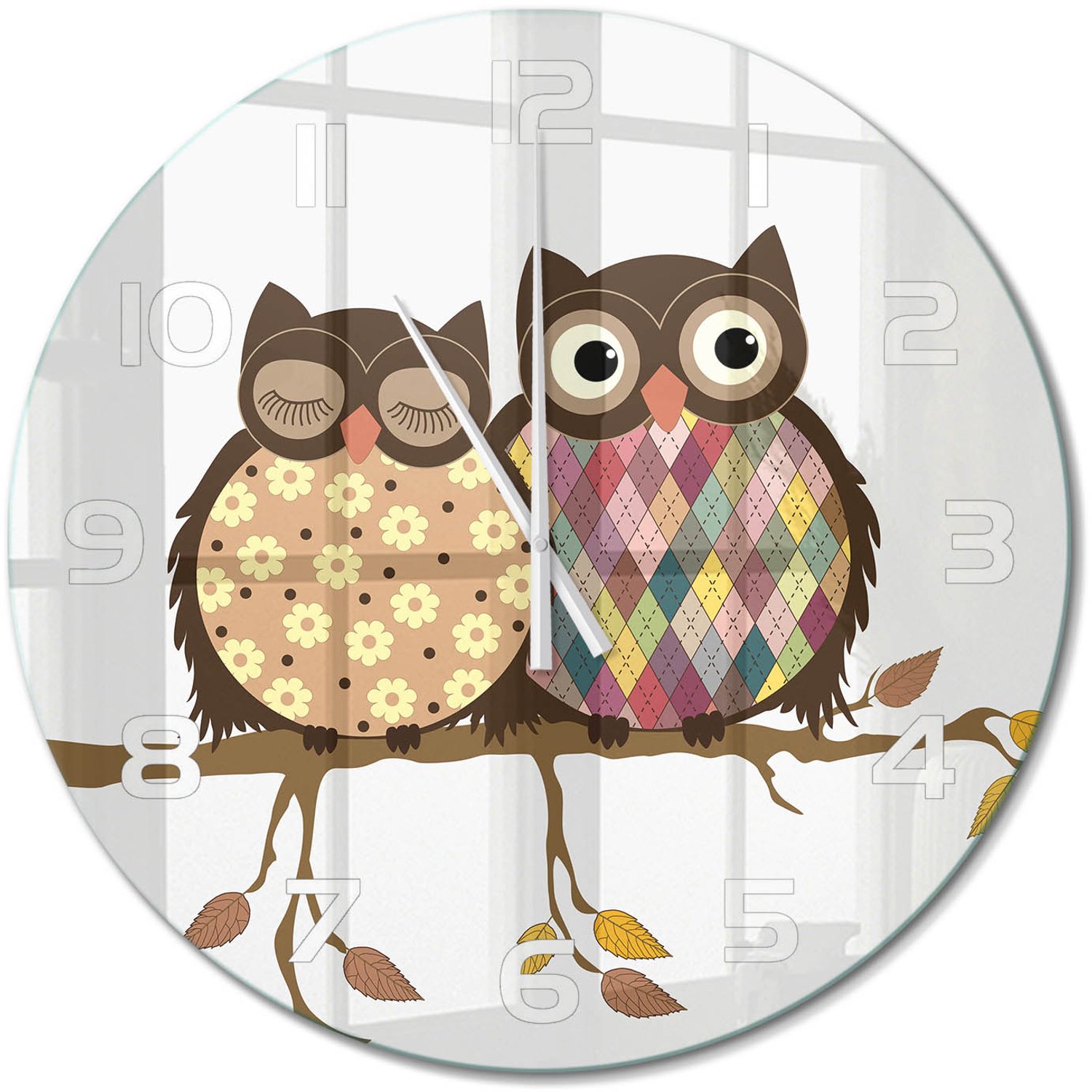 TULUP Wandklok - Twee uilen op een tak Gekleurde Glazen Klok - fi60 cm - Bruin Glazen Klok Met Print - Witte handen - Ronde Klok - Moderne Wandklok Glas - Wandklok Glas Decoratie