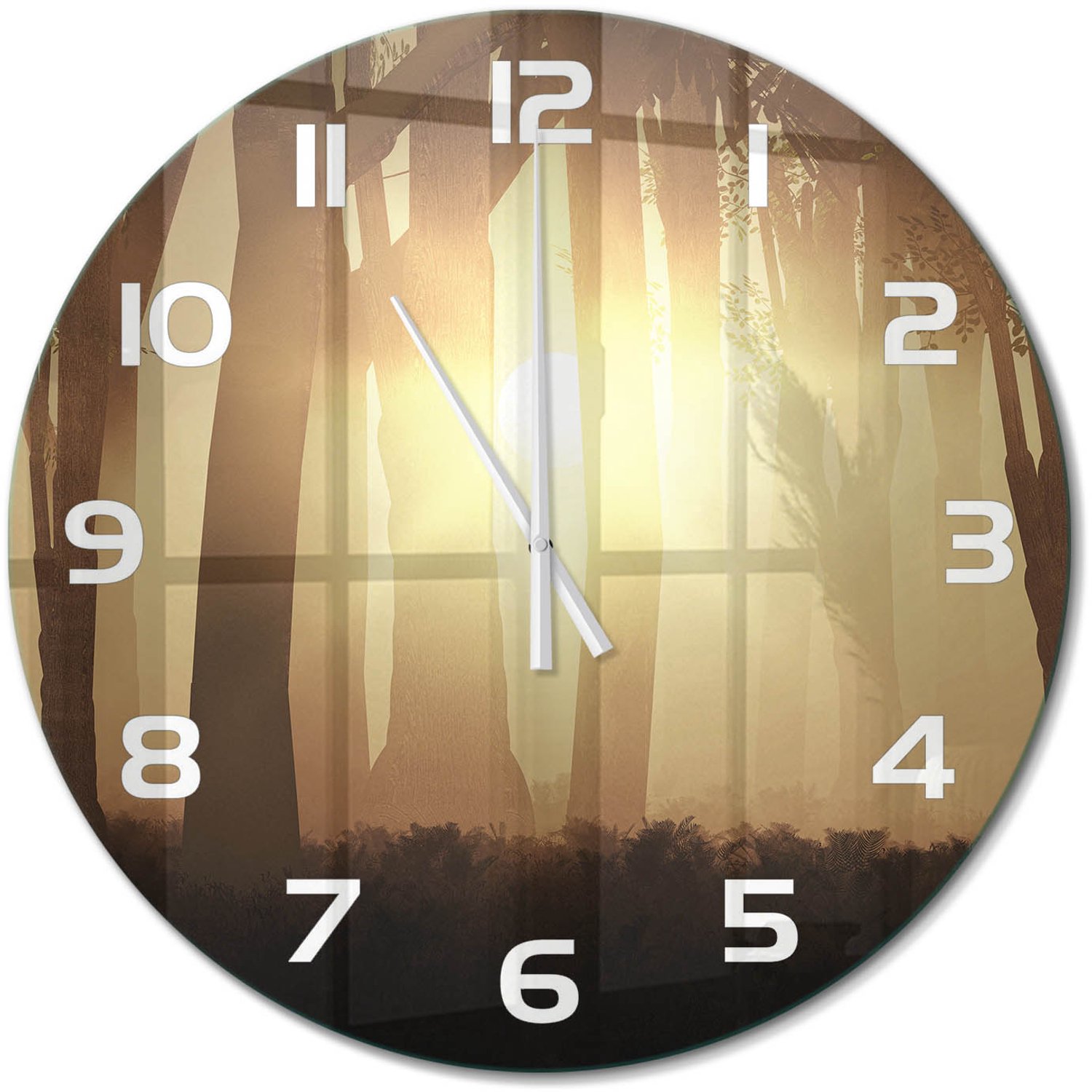 TULUP Wandklok - Mist in het bos Glazen Wandklok Design - fi60 cm - Bruin Klok Glas Met Opdruk - Witte handen - Ronde Klok - Wandklok Glas Met Motief - Decoratieve Glazen Klok