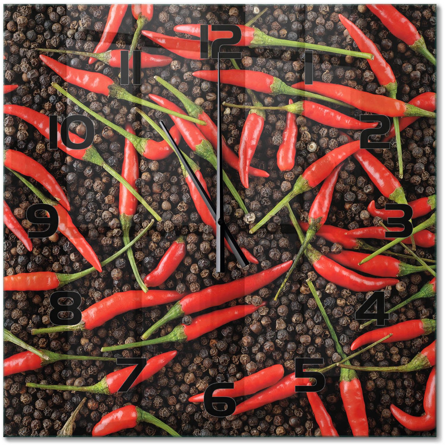 TULUP Wandklok - Chilipepers Glazen Klok Met Print - 60x60 cm - Rood Wandklok Glas Met Motief - Zwarte handen - Vierkante Klok - Wandklok Glas Decoratie - Gekleurde Glazen Klok