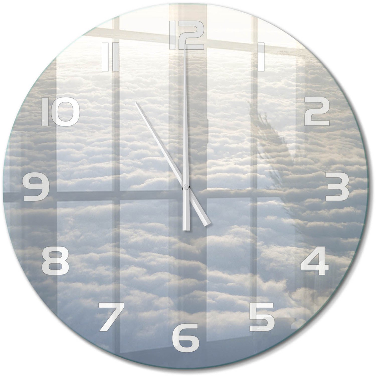 TULUP Wandklok - Vliegen boven de wolken Wandklok Glas Decoratie - fi60 cm - Wit Gekleurde Glazen Klok - Witte handen - Ronde Klok - Klok Glas Met Opdruk - Moderne Wandklok Glas