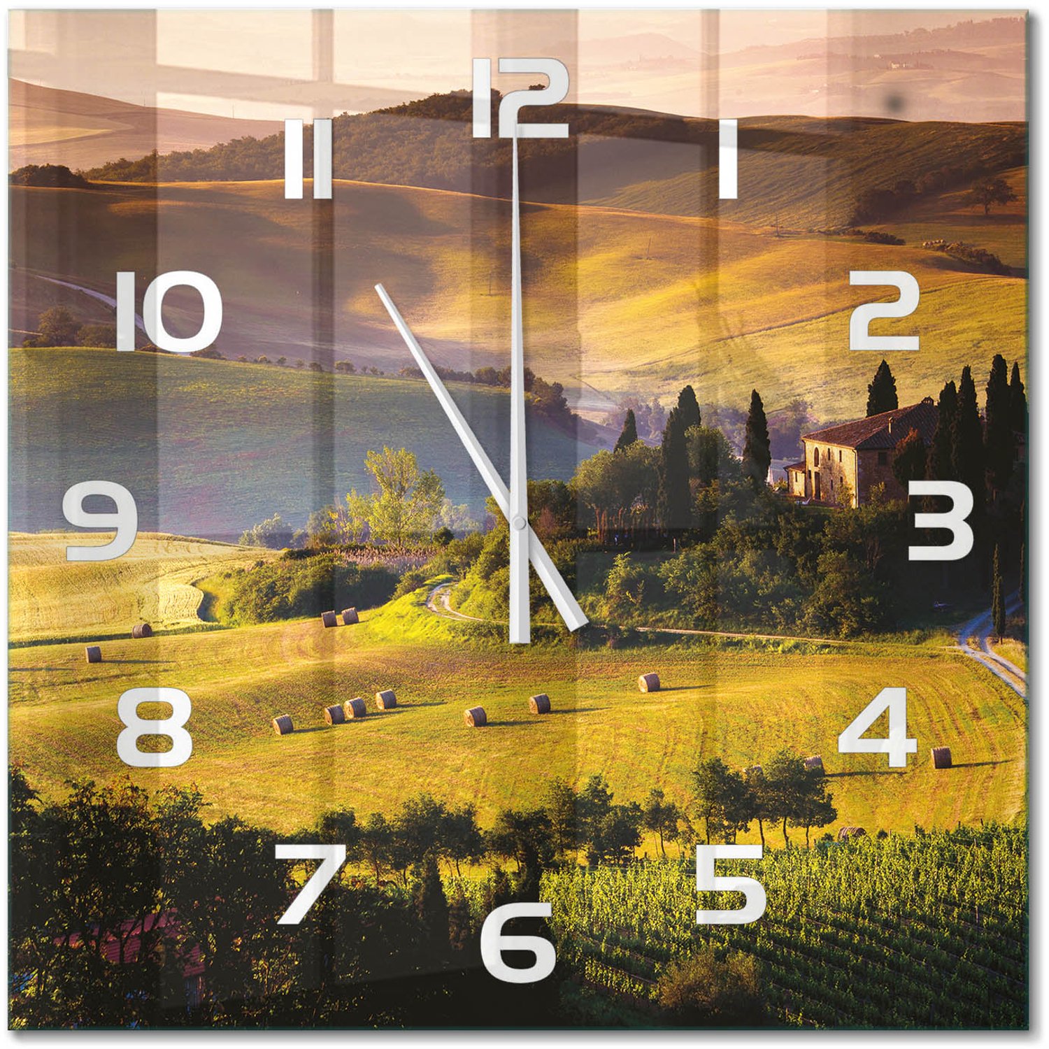 TULUP Wandklok - Toscane, Italië Decoratieve Glazen Klok - 60x60 cm - Groente Glazen Wandklok Design - Witte handen - Vierkante Klok - Glazen Klok Met Print - Wandklok Glas Met Motief