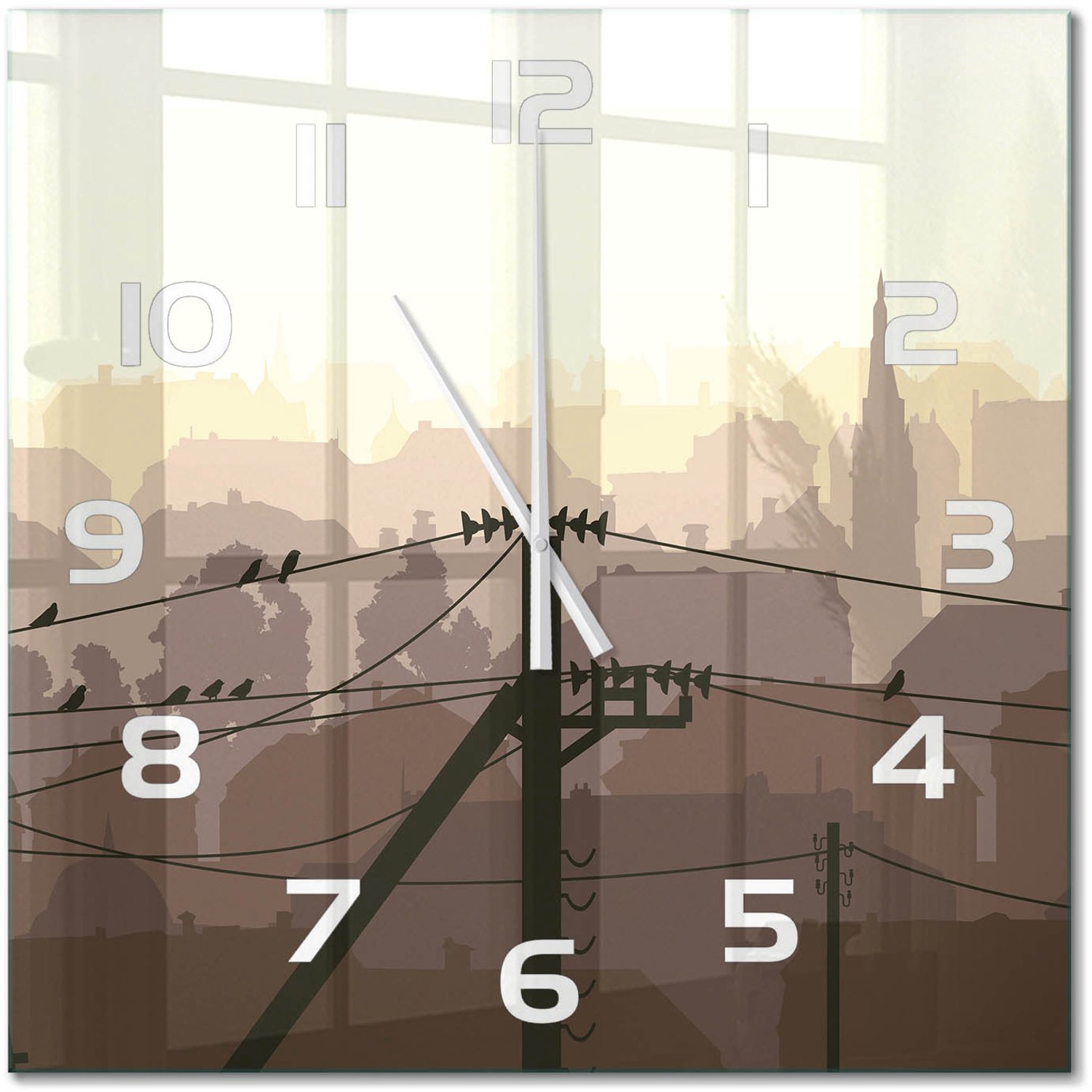 TULUP Wandklok - Stadsstroomleiding Decoratieve Glazen Klok - 60x60 cm - Bruin Glazen Wandklok Design - Witte handen - Vierkante Klok - Glazen Klok Met Print - Wandklok Glas Met Motief