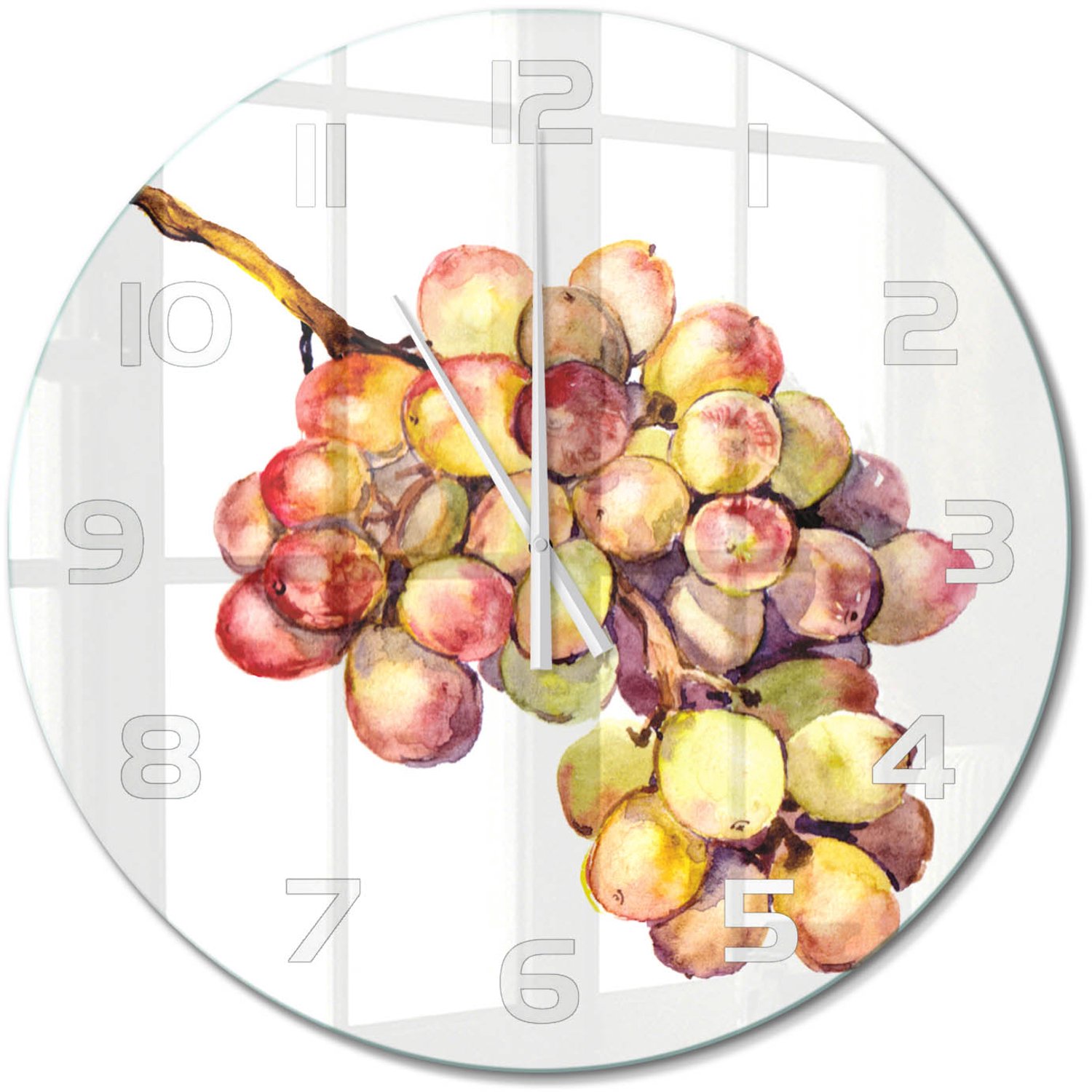 TULUP Wandklok - Druif Glazen Klok Met Print - fi60 cm - Groente Wandklok Glas Met Motief - Witte handen - Ronde Klok - Wandklok Glas Decoratie - Gekleurde Glazen Klok