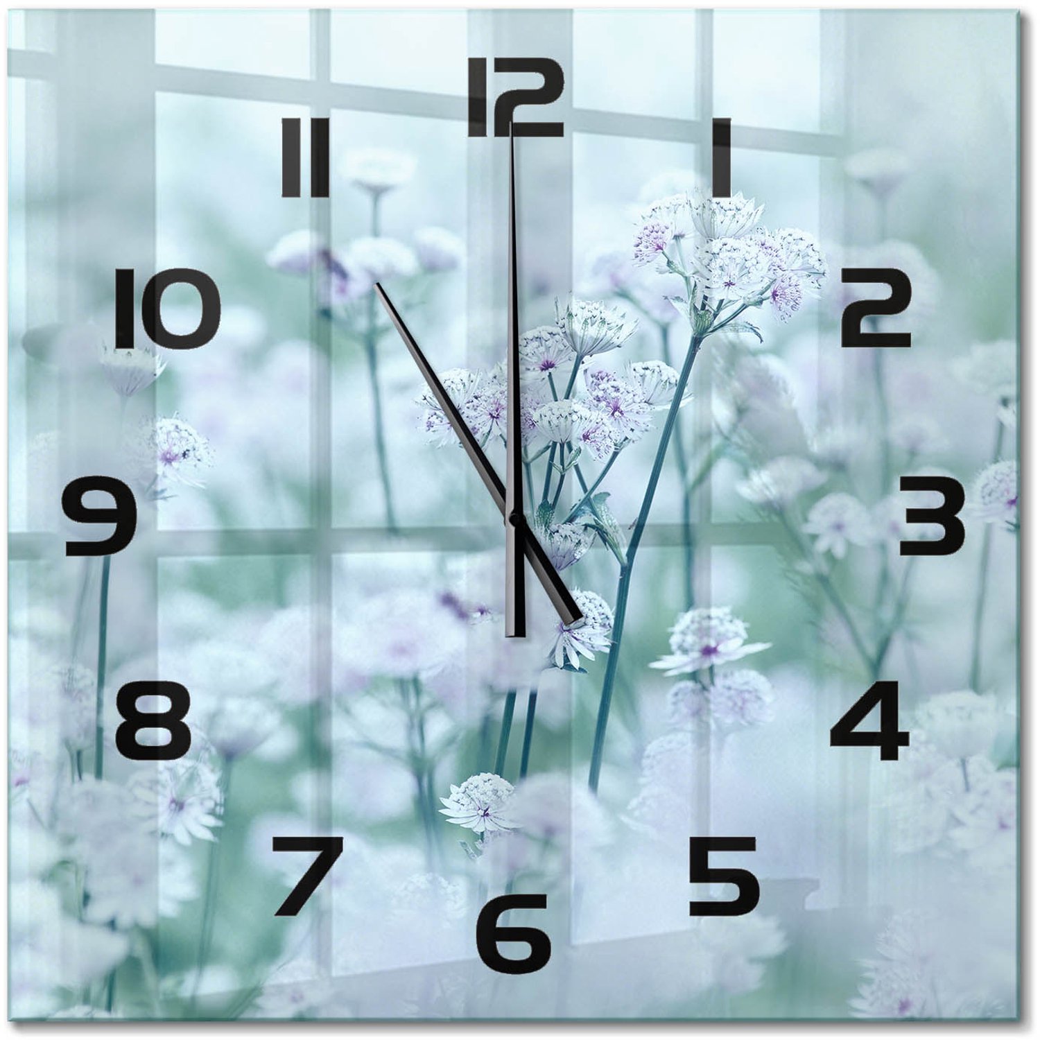 TULUP Wandklok - Grote garenkruid Gekleurde Glazen Klok - 60x60 cm - Wit Glazen Klok Met Print - Zwarte handen - Vierkante Klok - Moderne Wandklok Glas - Wandklok Glas Decoratie
