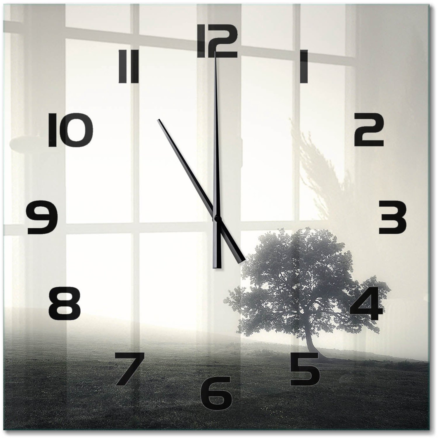TULUP Wandklok - Eenzame boom Klok Glas Met Opdruk - 60x60 cm - Grijs Moderne Wandklok Glas - Zwarte handen - Vierkante Klok - Decoratieve Glazen Klok - Glazen Wandklok Design