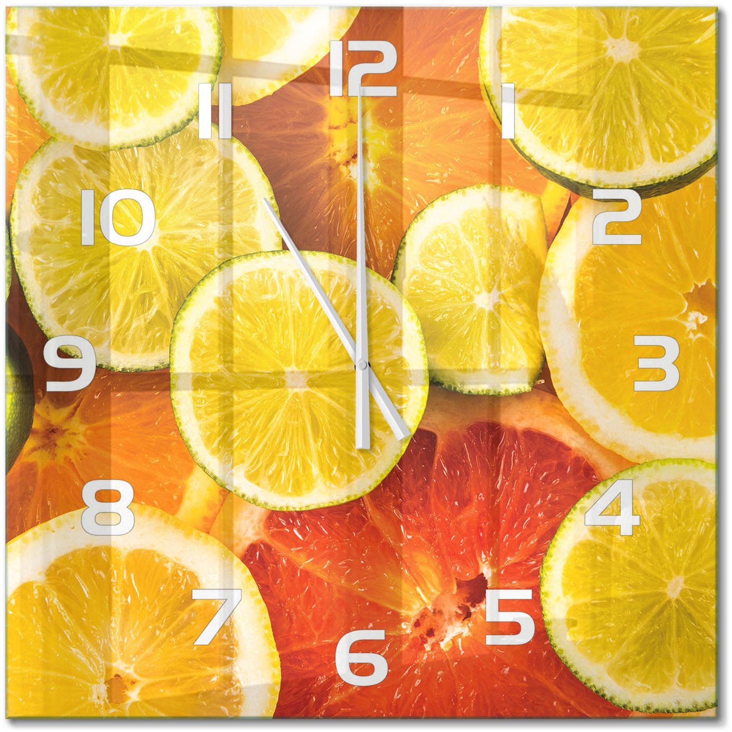 TULUP Wandklok - Citrusvruchten Wandklok Glas Decoratie - 60x60 cm - Oranje Gekleurde Glazen Klok - Witte handen - Vierkante Klok - Klok Glas Met Opdruk - Moderne Wandklok Glas