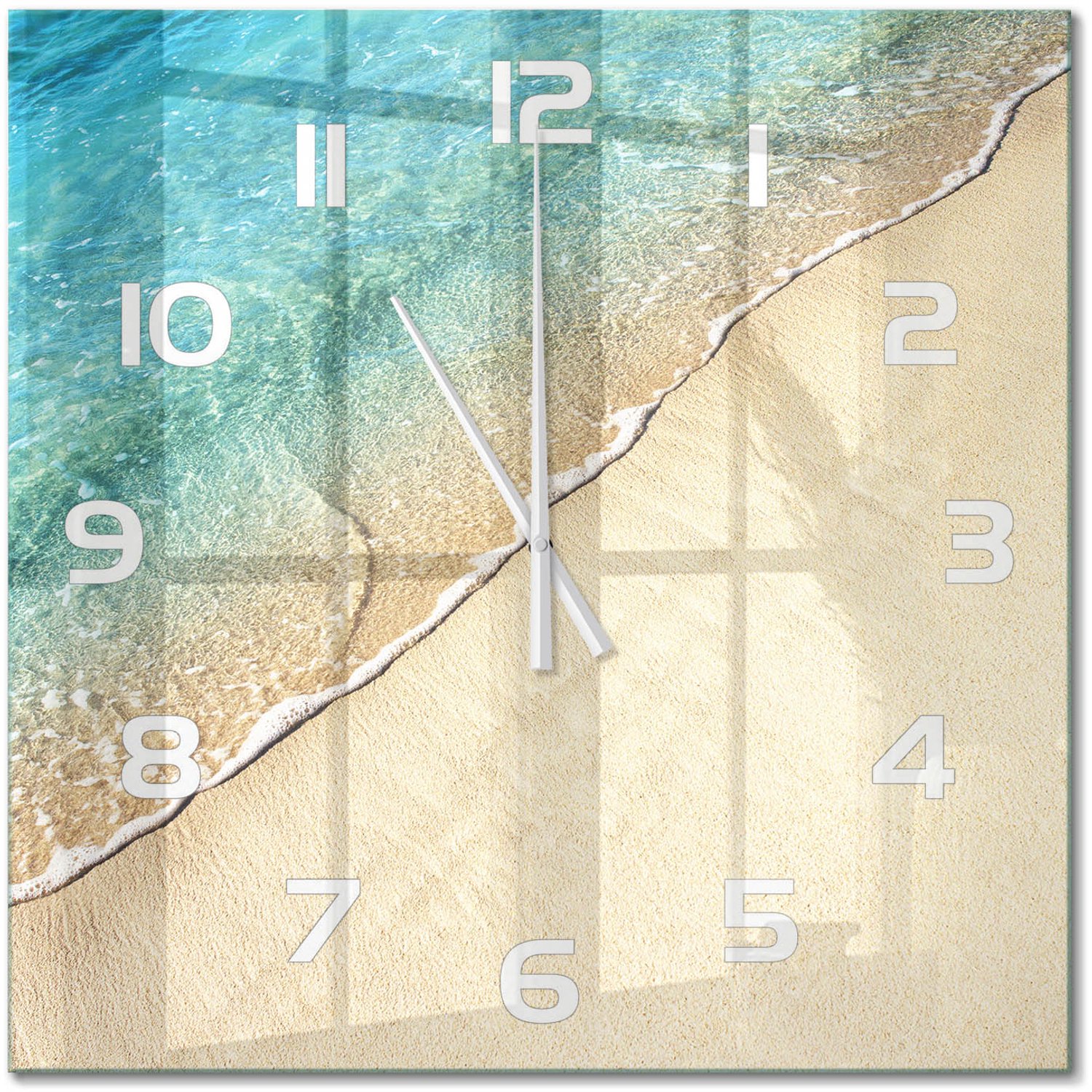 TULUP Wandklok - Golf op het strand Wandklok Glas Met Motief - 60x60 cm - Blauw Decoratieve Glazen Klok - Witte handen - Vierkante Klok - Gekleurde Glazen Klok - Glazen Klok Met Print