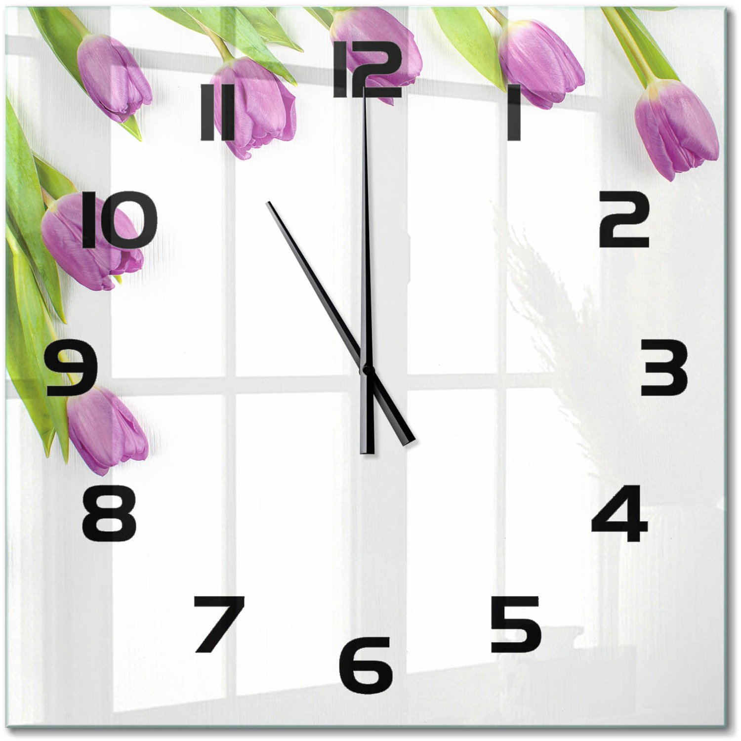TULUP Wandklok - Paarse tulpen Gekleurde Glazen Klok - 60x60 cm - Paars Glazen Klok Met Print - Zwarte handen - Vierkante Klok - Moderne Wandklok Glas - Wandklok Glas Decoratie