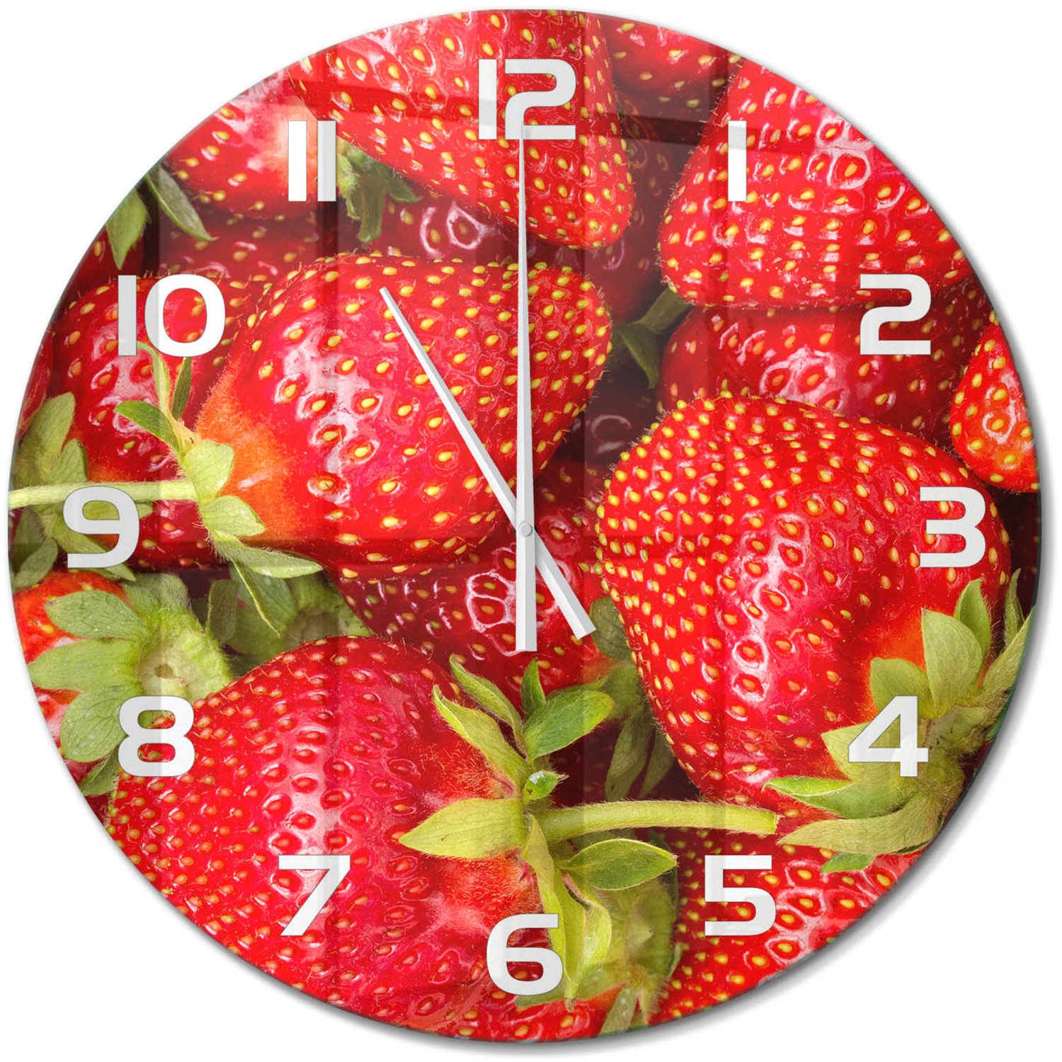 TULUP Wandklok - Aardbeien Klok Glas Met Opdruk - fi60 cm - Rood Moderne Wandklok Glas - Witte handen - Ronde Klok - Decoratieve Glazen Klok - Glazen Wandklok Design
