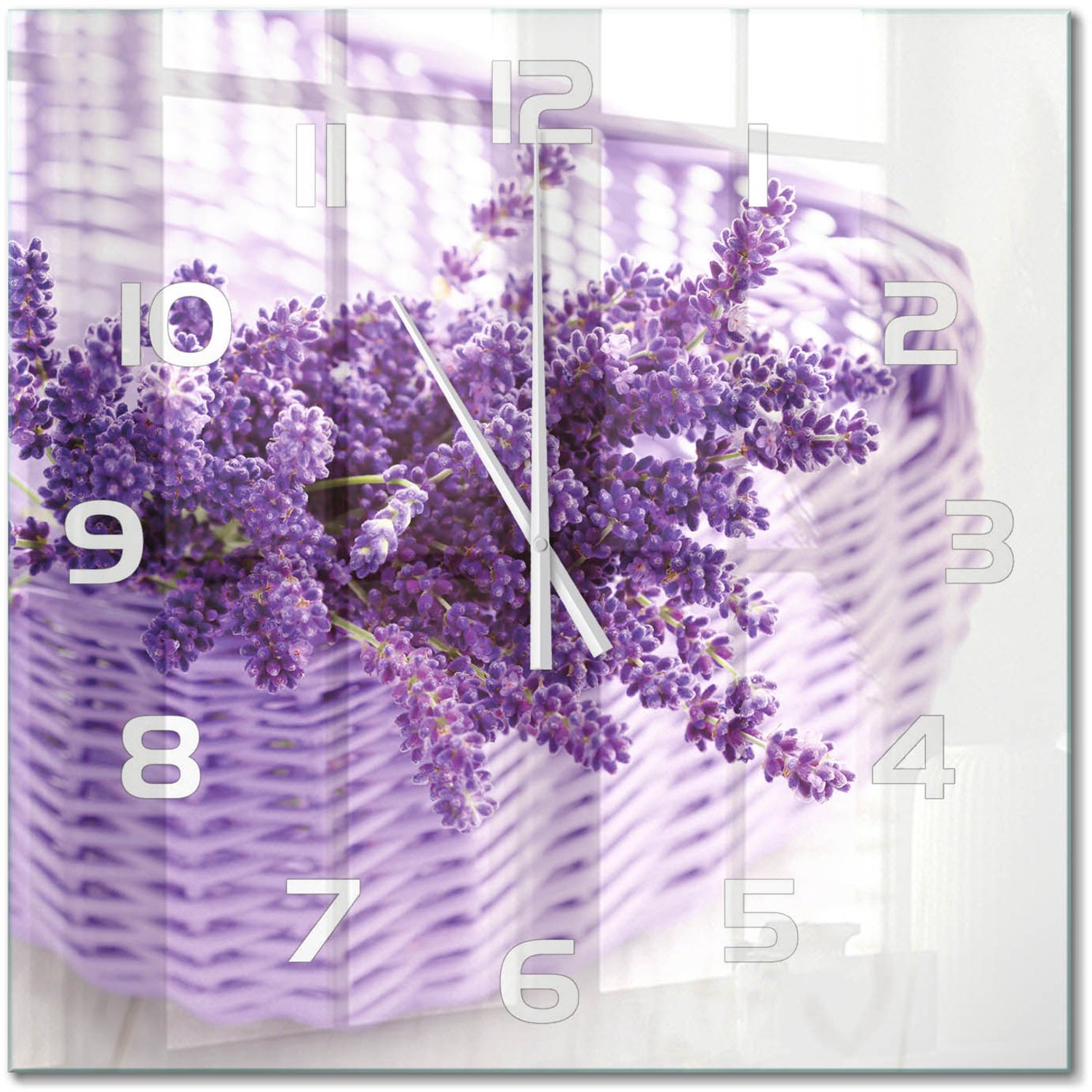 TULUP Wandklok - Lavendel in een mand Decoratieve Glazen Klok - 60x60 cm - Paars Glazen Wandklok Design - Witte handen - Vierkante Klok - Glazen Klok Met Print - Wandklok Glas Met Motief