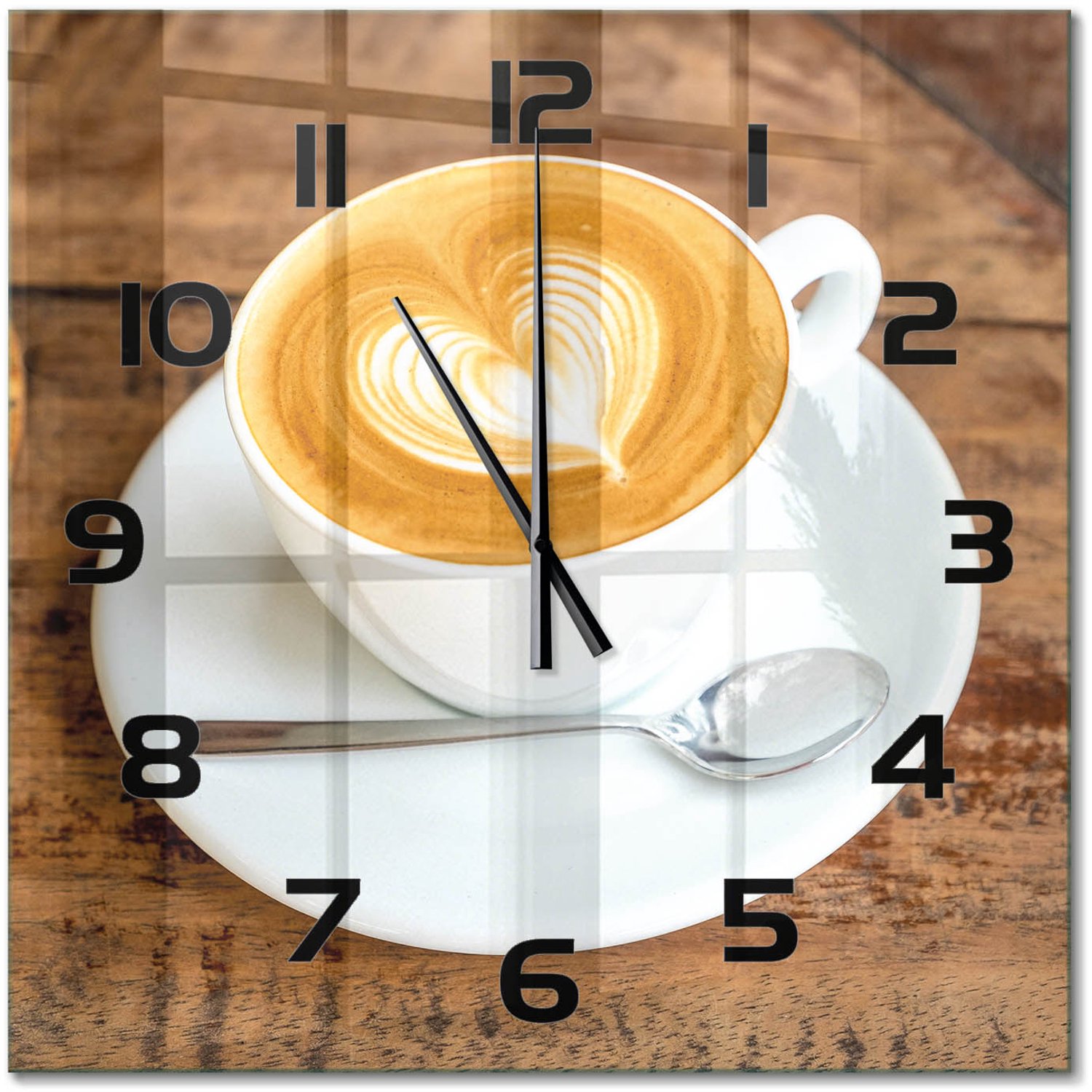 TULUP Wandklok - Koffie in een kopje Glazen Klok Met Print - 60x60 cm - Bruin Wandklok Glas Met Motief - Zwarte handen - Vierkante Klok - Wandklok Glas Decoratie - Gekleurde Glazen Klok
