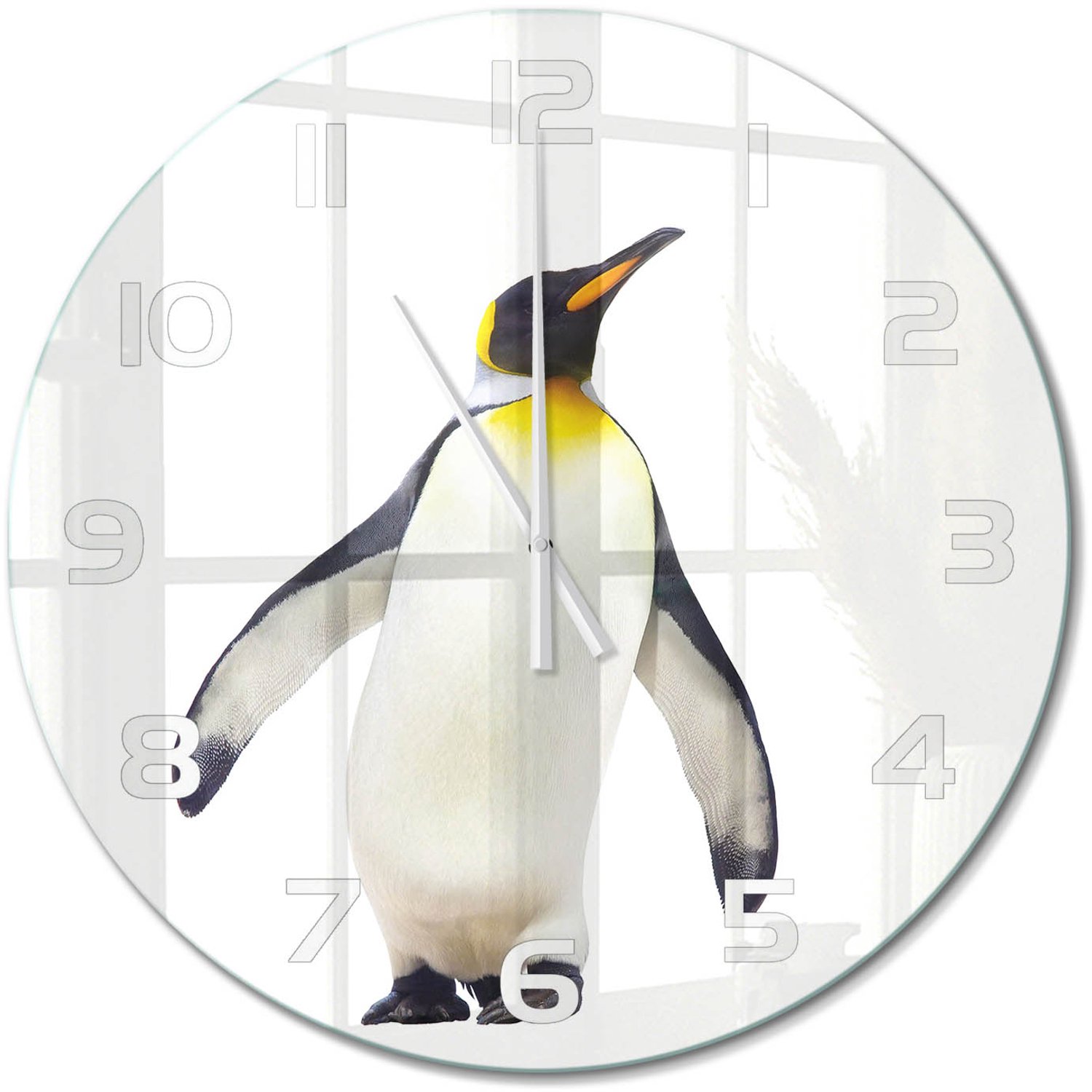 TULUP Wandklok - Pinguïn Wandklok Glas Decoratie - fi60 cm - Wit Gekleurde Glazen Klok - Witte handen - Ronde Klok - Klok Glas Met Opdruk - Moderne Wandklok Glas