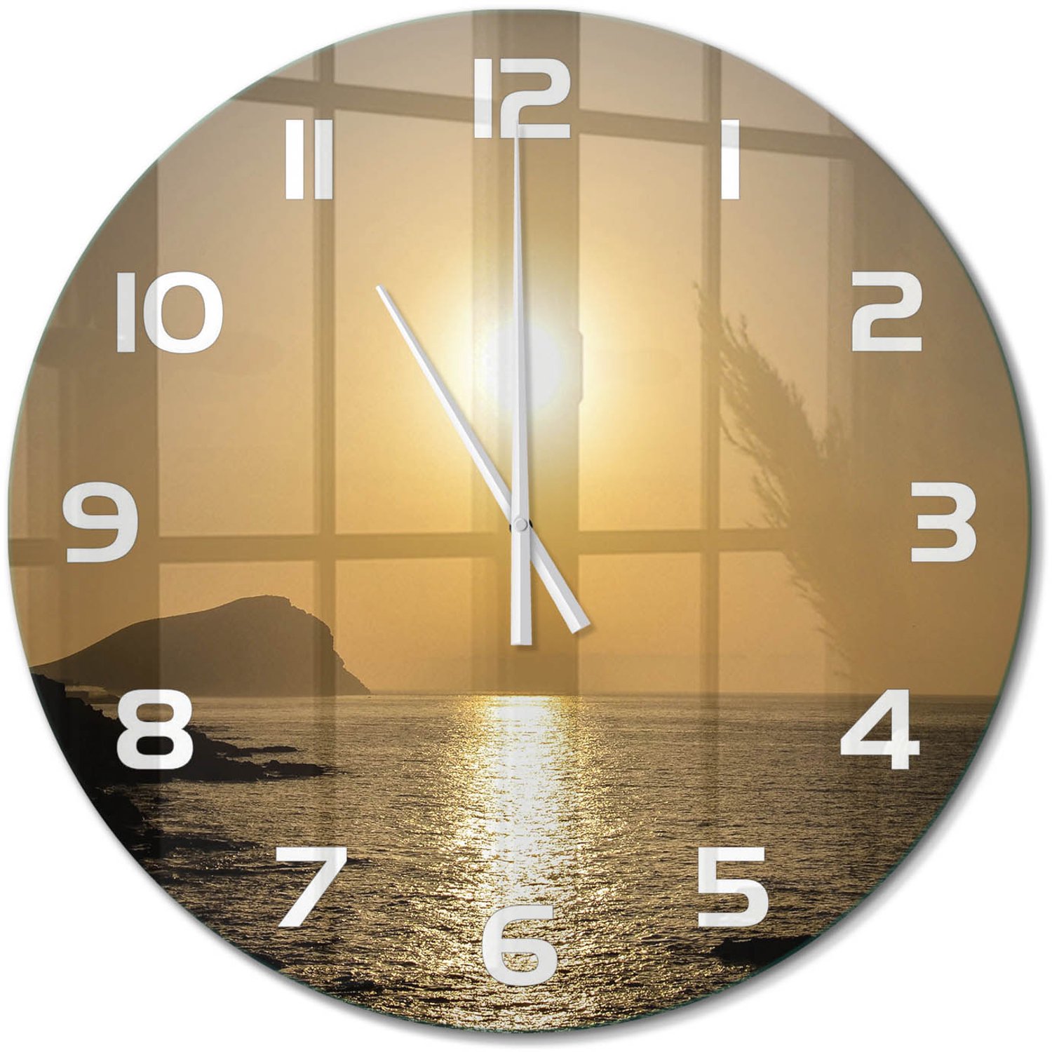 TULUP Wandklok - Zonsondergang Zee Wandklok Glas Decoratie - fi60 cm - Geel Gekleurde Glazen Klok - Witte handen - Ronde Klok - Klok Glas Met Opdruk - Moderne Wandklok Glas