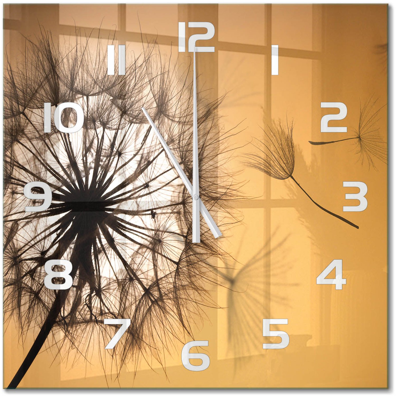 TULUP Wandklok - Paardebloem Glazen Wandklok Design - 60x60 cm - Oranje Klok Glas Met Opdruk - Witte handen - Vierkante Klok - Wandklok Glas Met Motief - Decoratieve Glazen Klok