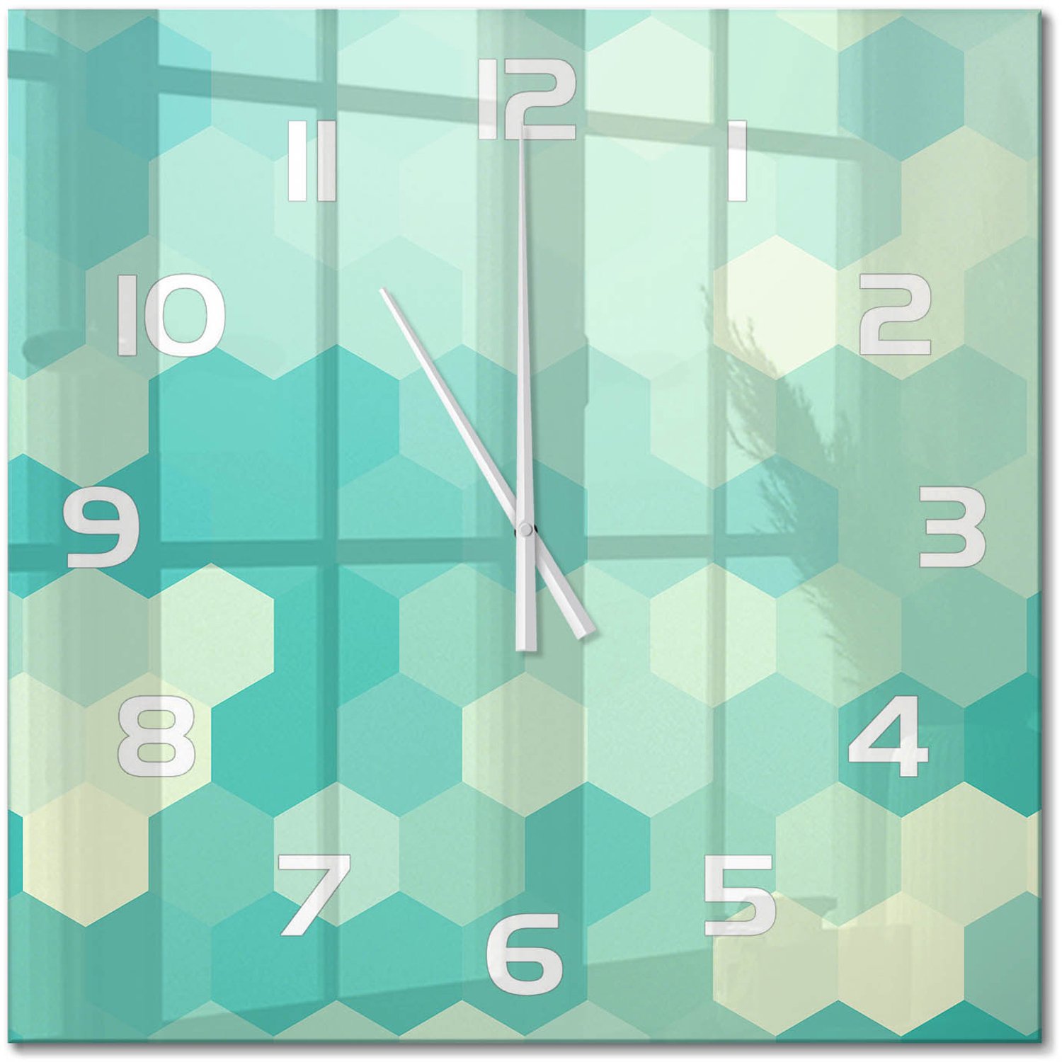 TULUP Wandklok - Geometrische achtergrond Wandklok Glas Met Motief - 60x60 cm - Groente Decoratieve Glazen Klok - Witte handen - Vierkante Klok - Gekleurde Glazen Klok - Glazen Klok Met Print