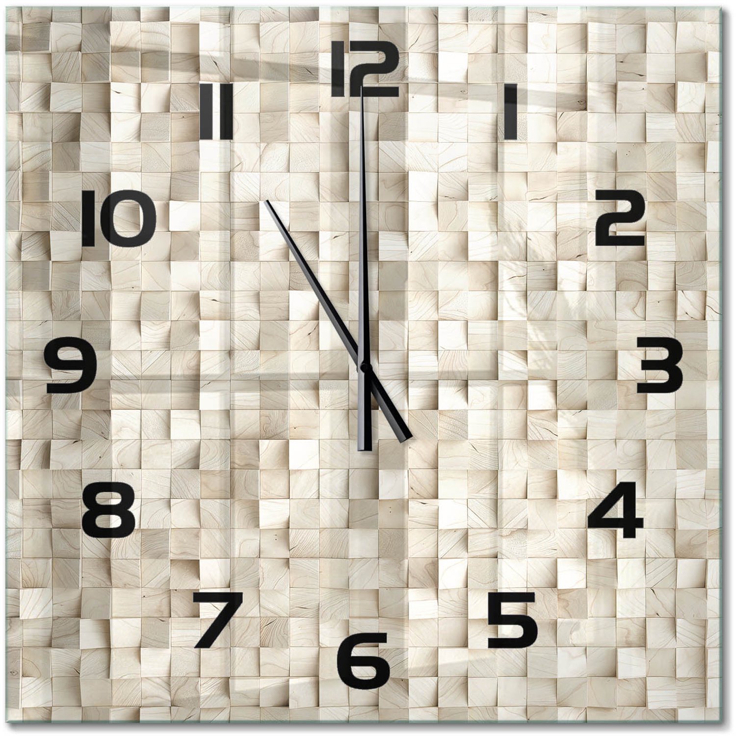 TULUP Wandklok - Houten kubussen Glazen Wandklok Design - 60x60 cm - Beige Klok Glas Met Opdruk - Zwarte handen - Vierkante Klok - Wandklok Glas Met Motief - Decoratieve Glazen Klok
