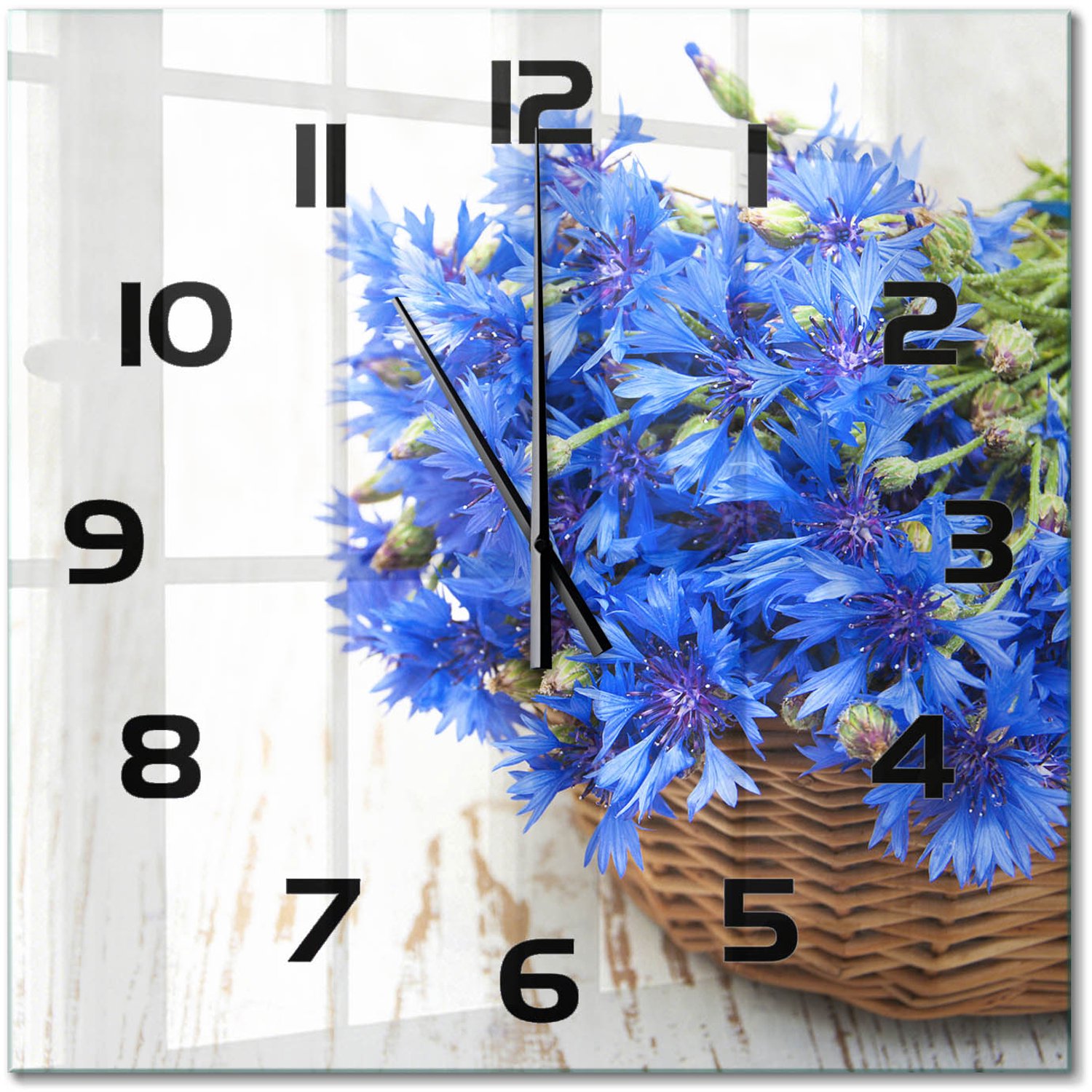 TULUP Wandklok - Korenbloemen in een mand Klok Glas Met Opdruk - 60x60 cm - Blauw Moderne Wandklok Glas - Zwarte handen - Vierkante Klok - Decoratieve Glazen Klok - Glazen Wandklok Design