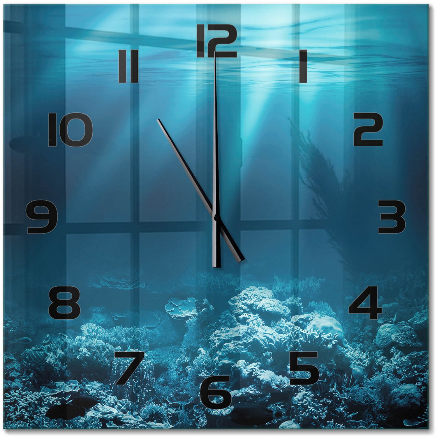 TULUP Wandklok - Onderwaterwereld Gekleurde Glazen Klok - 60x60 cm - Blauw Glazen Klok Met Print - Zwarte handen - Vierkante Klok - Moderne Wandklok Glas - Wandklok Glas Decoratie