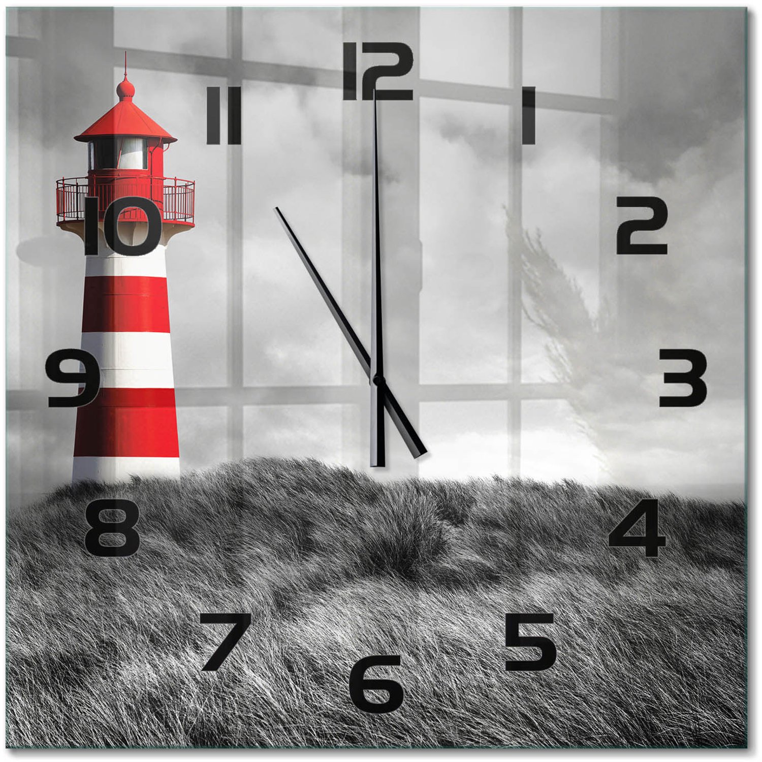 TULUP Wandklok - Vuurtoren Gekleurde Glazen Klok - 60x60 cm - Rood Glazen Klok Met Print - Zwarte handen - Vierkante Klok - Moderne Wandklok Glas - Wandklok Glas Decoratie